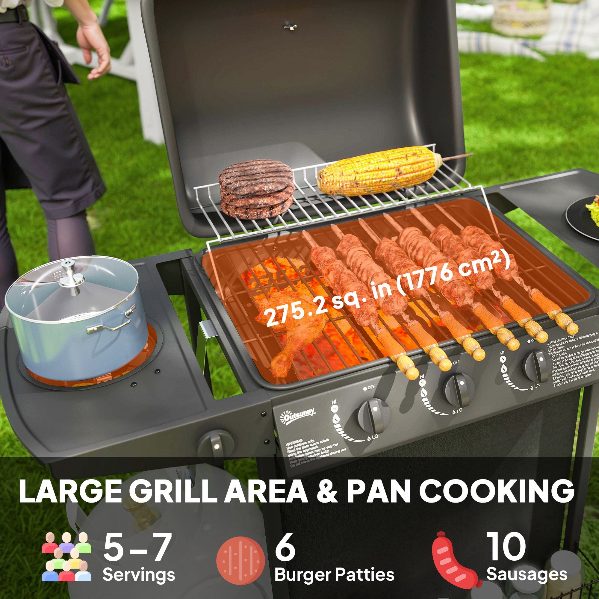 Outsunny 3+1 Burner Gas BBQ Grill, Portable Gas Barbecue Grill with Built-in Thermometer, Lid, Side Table, Shelf, Spice Rack, Wheels, Grease Cup for Garden Party Outdoor Cooking, Black