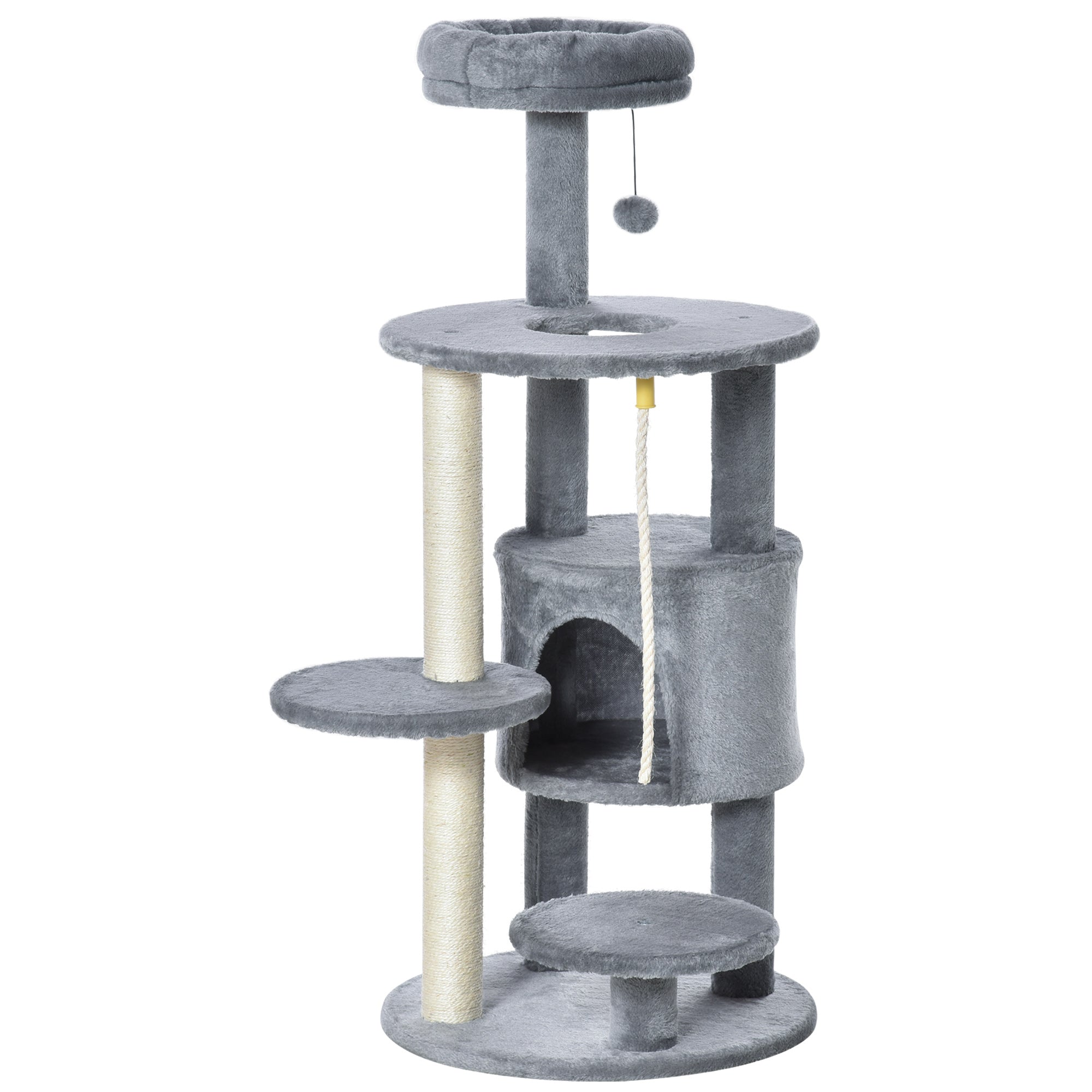 PawHut Cat Tree Tower, 112cm, with Jute Scratching Post, Perch, Hanging Ball, Teasing Rope for Climbing Kittens, Dark Grey |