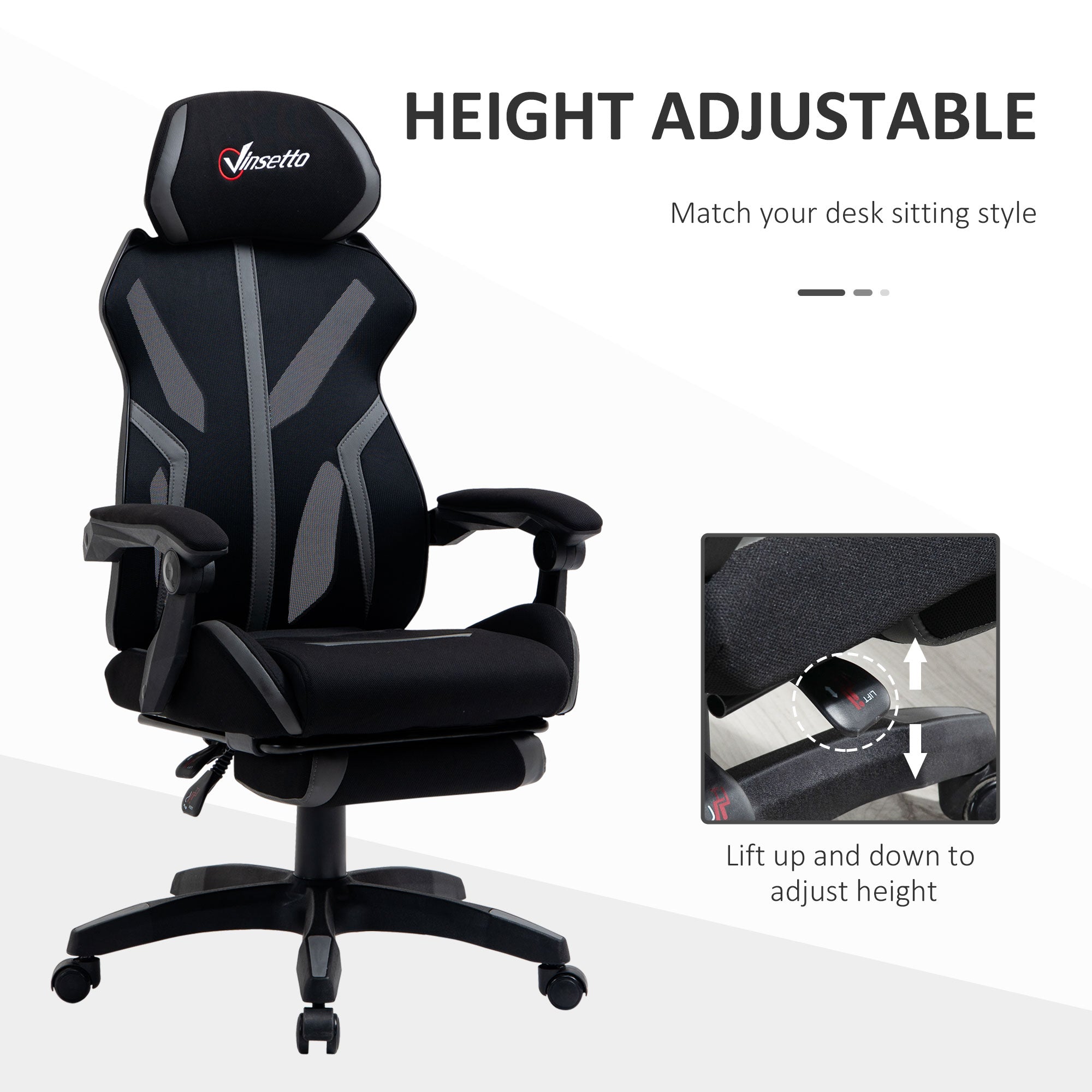 Vinsetto Mesh Office Chair Desk Task Computer Recliner with Footrest, Lumbar Back Support, Swivel Wheels, Adjustable Height for Home, Black Grey - North Peak Garden Furniture