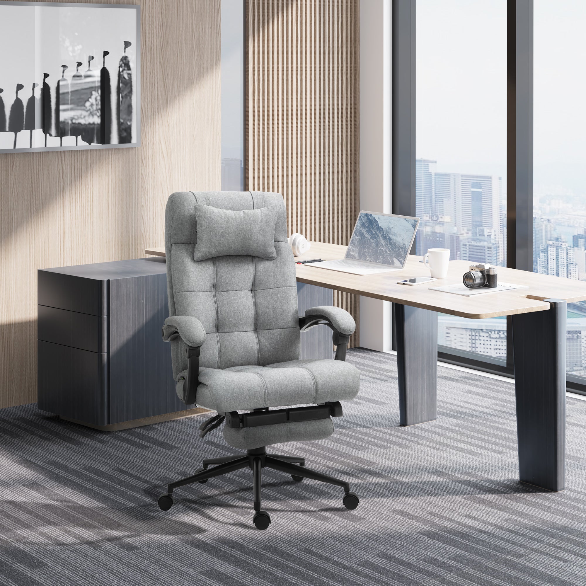 Vinsetto Office Chair with Footrest Ergonomic Office Chair with Armrests Lumber Support and Headrest Light Grey - North Peak Garden Furniture