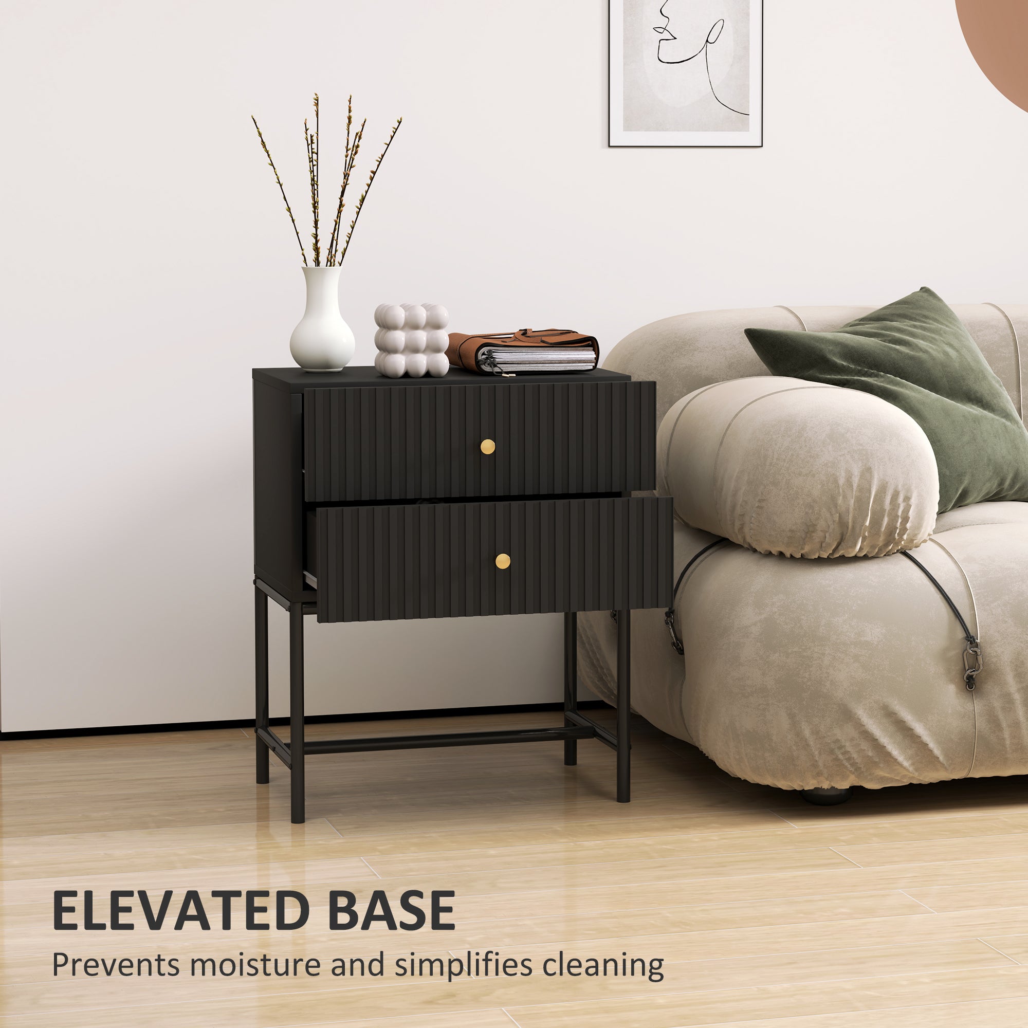 HOMCOM Elegant Two-Drawer Bedside Table - Black - North Peak Garden Furniture
