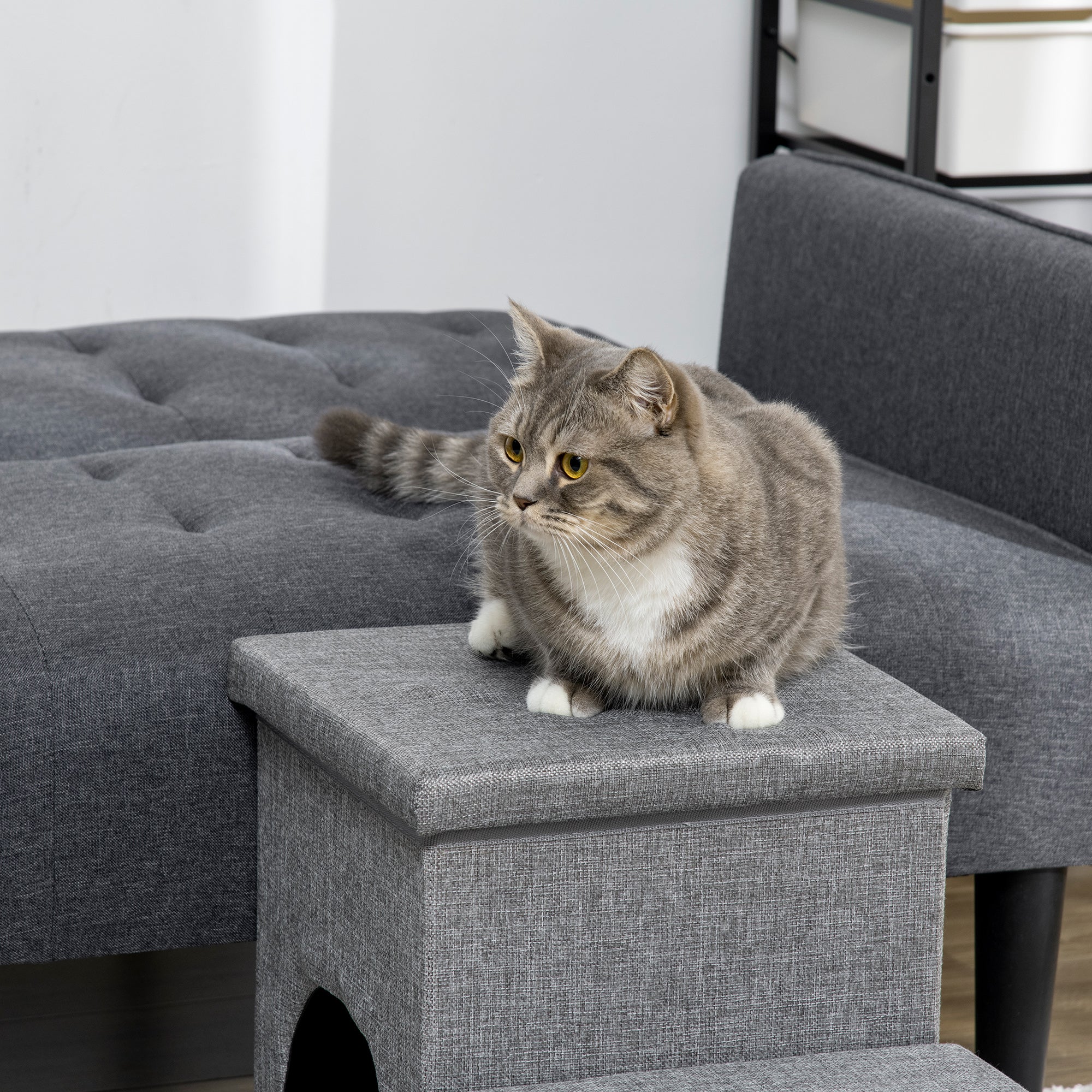 PawHut Dog Steps 3-step Pet Stairs with Kitten House and 2 Storage Boxes, 3 in 1 Dog Ramp for Sofa with Washable Plush Cushion - North Peak Garden Furniture
