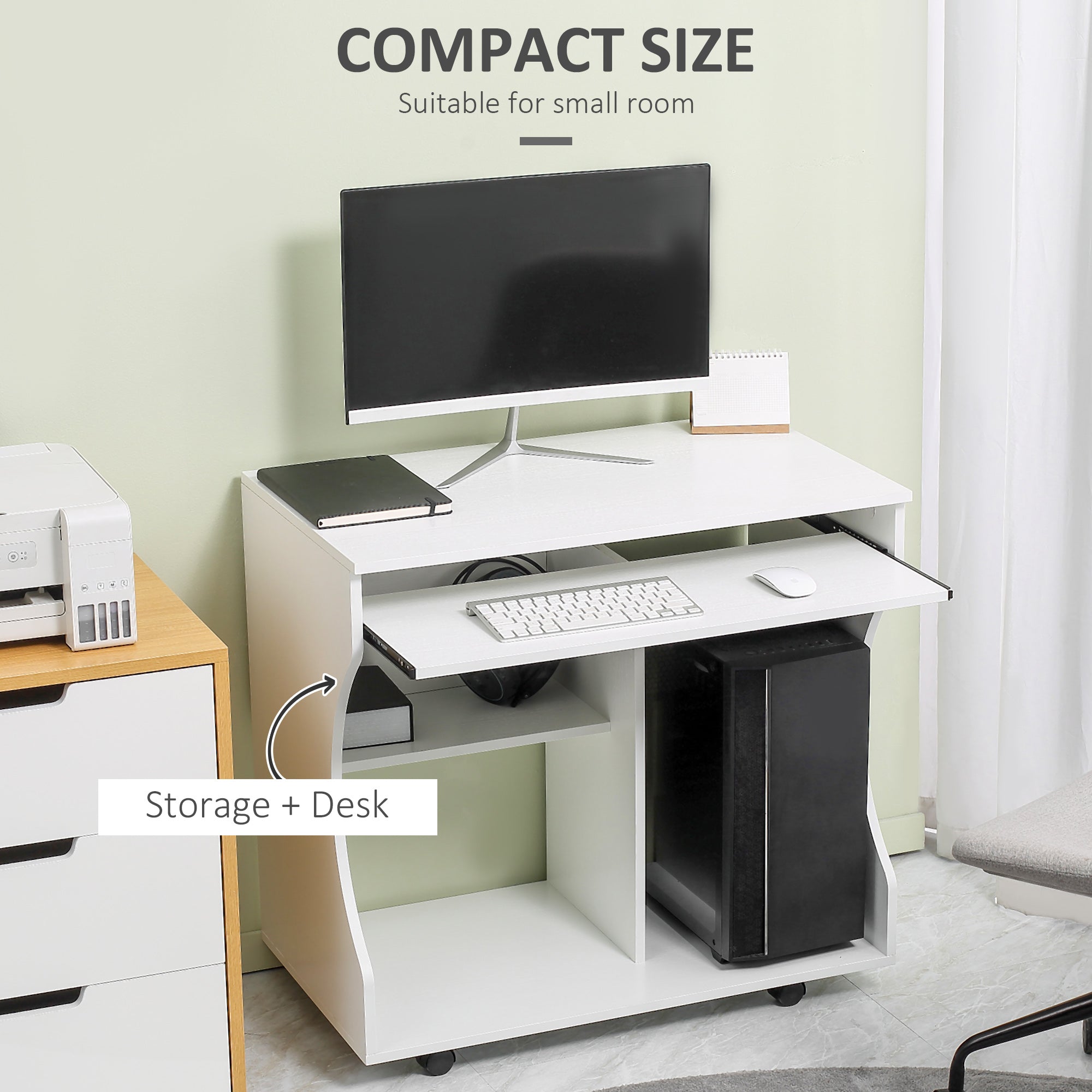 HOMCOM Multi-Storage Compact Work Desk, with Wheels - White - North Peak Garden Furniture