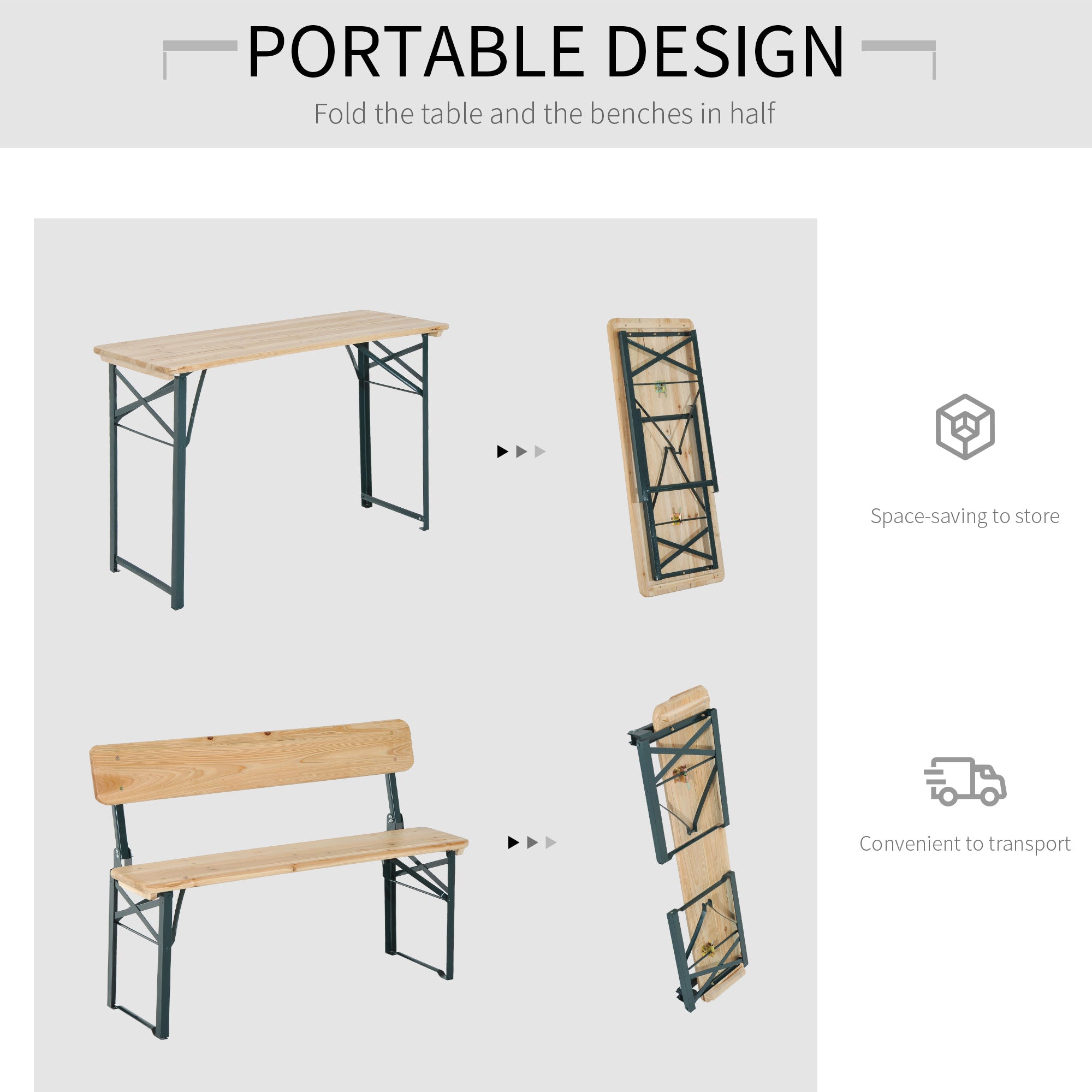 Outsunny Portable Folding Camping Picnic Trestle Beer Table and 2 Bench Set Wooden Garden Furniture Patio Dining Party BBQ Chairs Stools - North Peak Garden Furniture