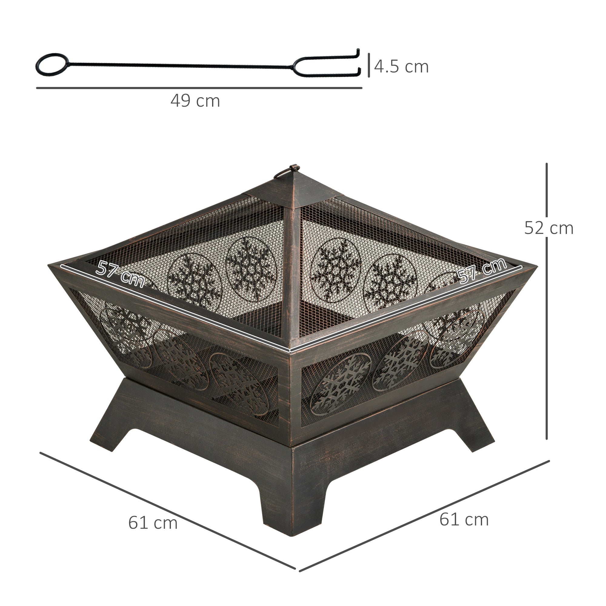 Outsunny Metal Fire Pit: Square Outdoor Patio Firepit Bowl with Spark Screen & Poker, 61 x 61 x 52cm, Black Finish | Aosom UK