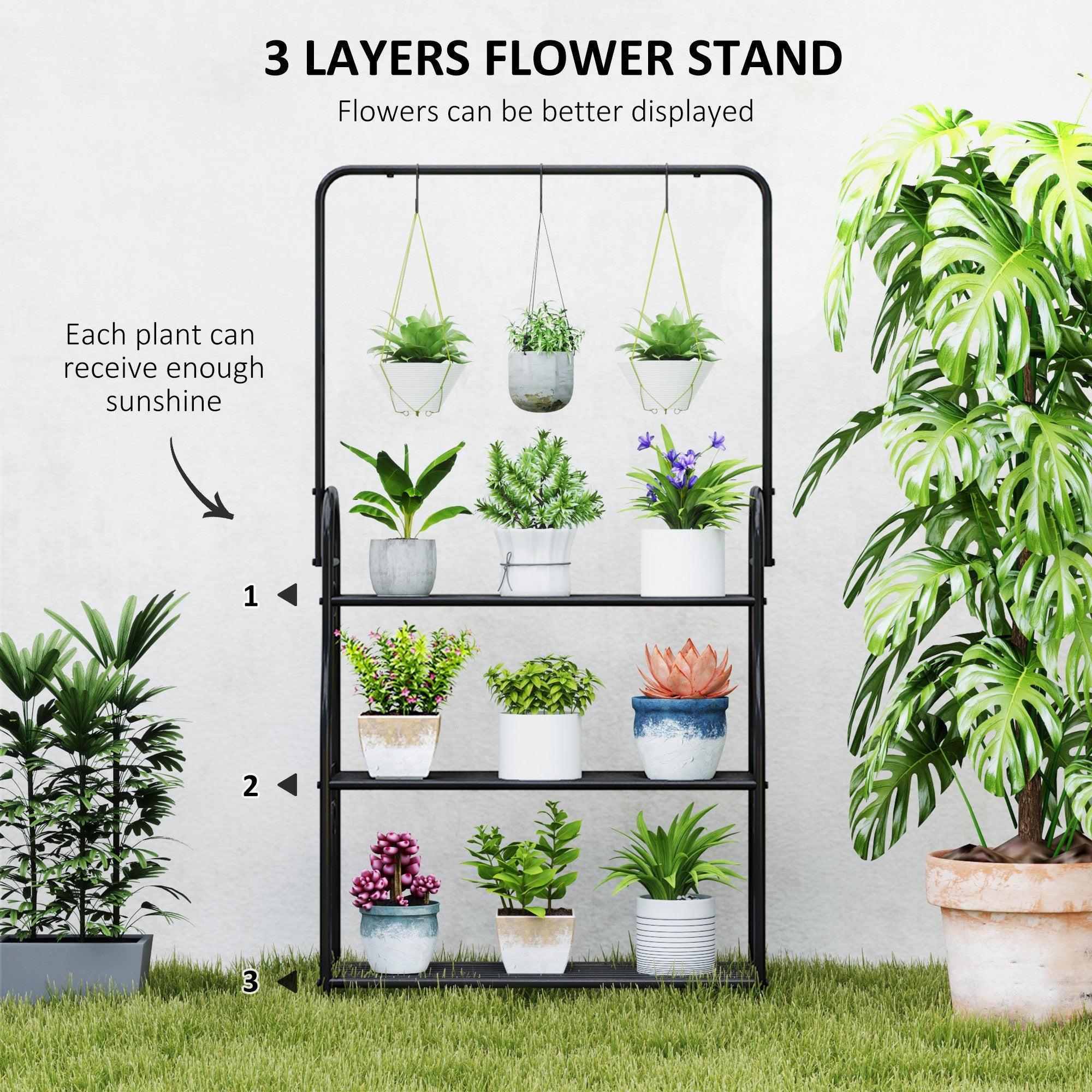 Outsunny 3 Tier Plant Stand with Hanging Rod and Hooks, Metal Plant Rack Shelf, Ladder Flower Pot for Indoor Outdoor Porch Balcony Living Room Bedroom, Black - North Peak Garden Furniture