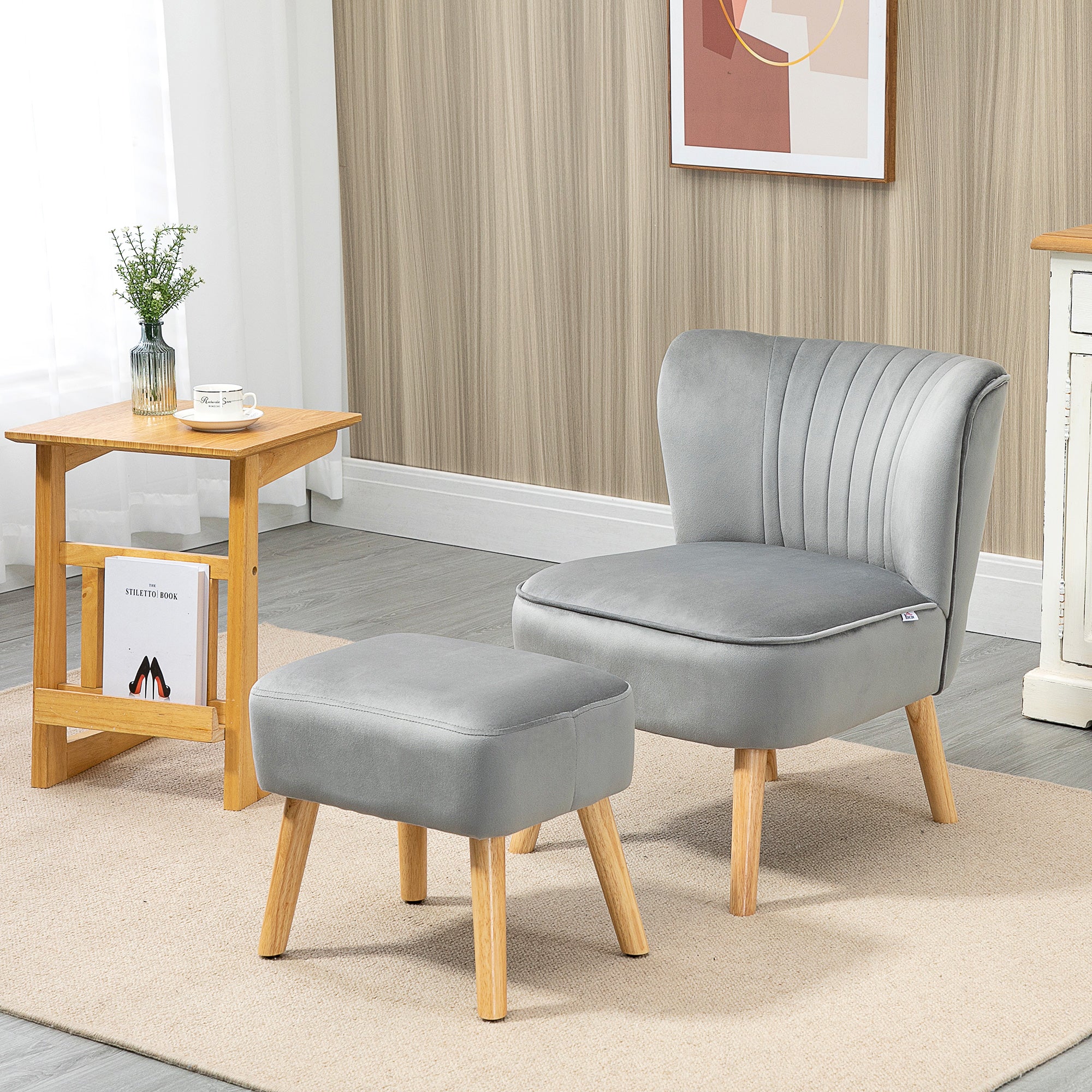 HOMCOM Velvet Accent Chair Occasional Tub Seat Padding Curved Back with Ottoman Wood Frame Legs Home Furniture Light Grey - North Peak Garden Furniture