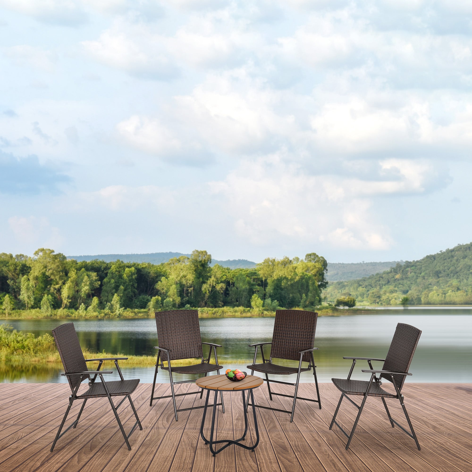 Outsunny Set of Four Folding Rattan Seat Chairs - Brown - North Peak Garden Furniture