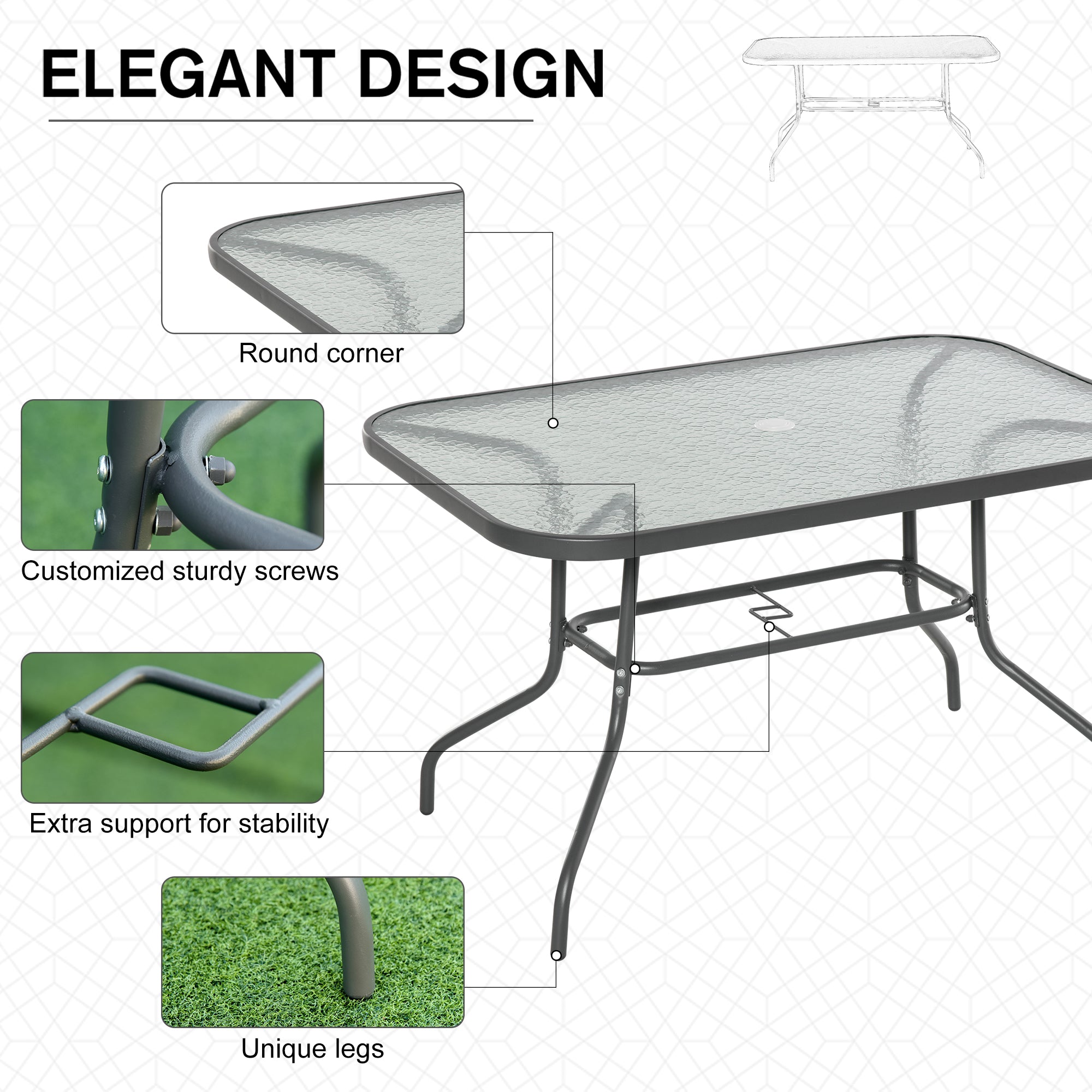 Outsunny Garden Dining Table Glass Top Metal Frame with Parasol Hole Outdoor Balcony Grey 120L x 80Wcm - North Peak Garden Furniture