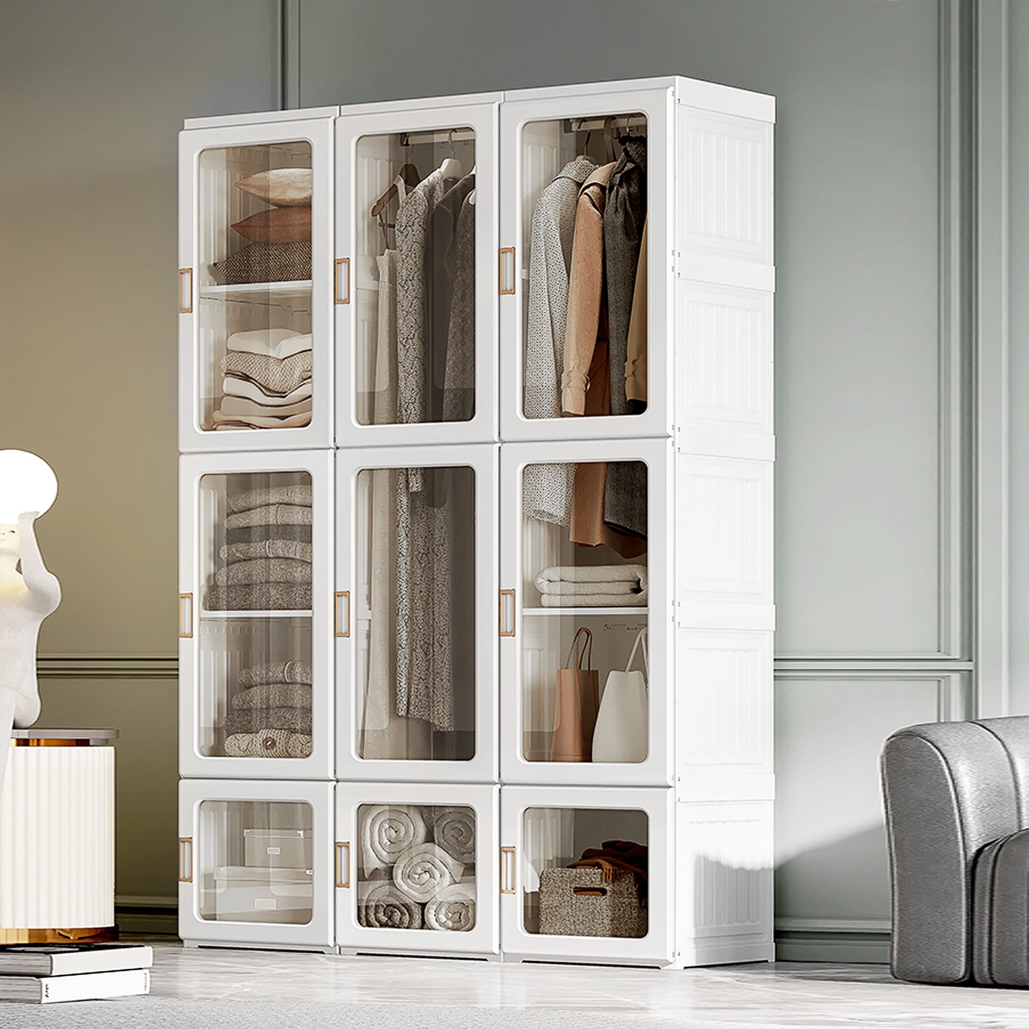 HOMCOM Portable Clothes Wardrobe for Bedroom, Foldable Clothes Organiser with Cube Storage, Hanging Rods, Magnet Doors, White - North Peak Garden Furniture