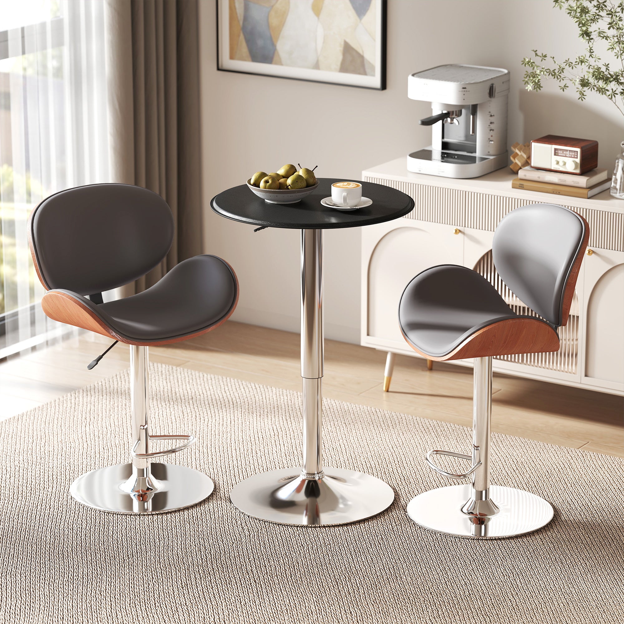 HOMCOM Adjustable Round Bistro Bar Table with PVC Leather Top Steel Base Home Kitchen Dining Desk  Black