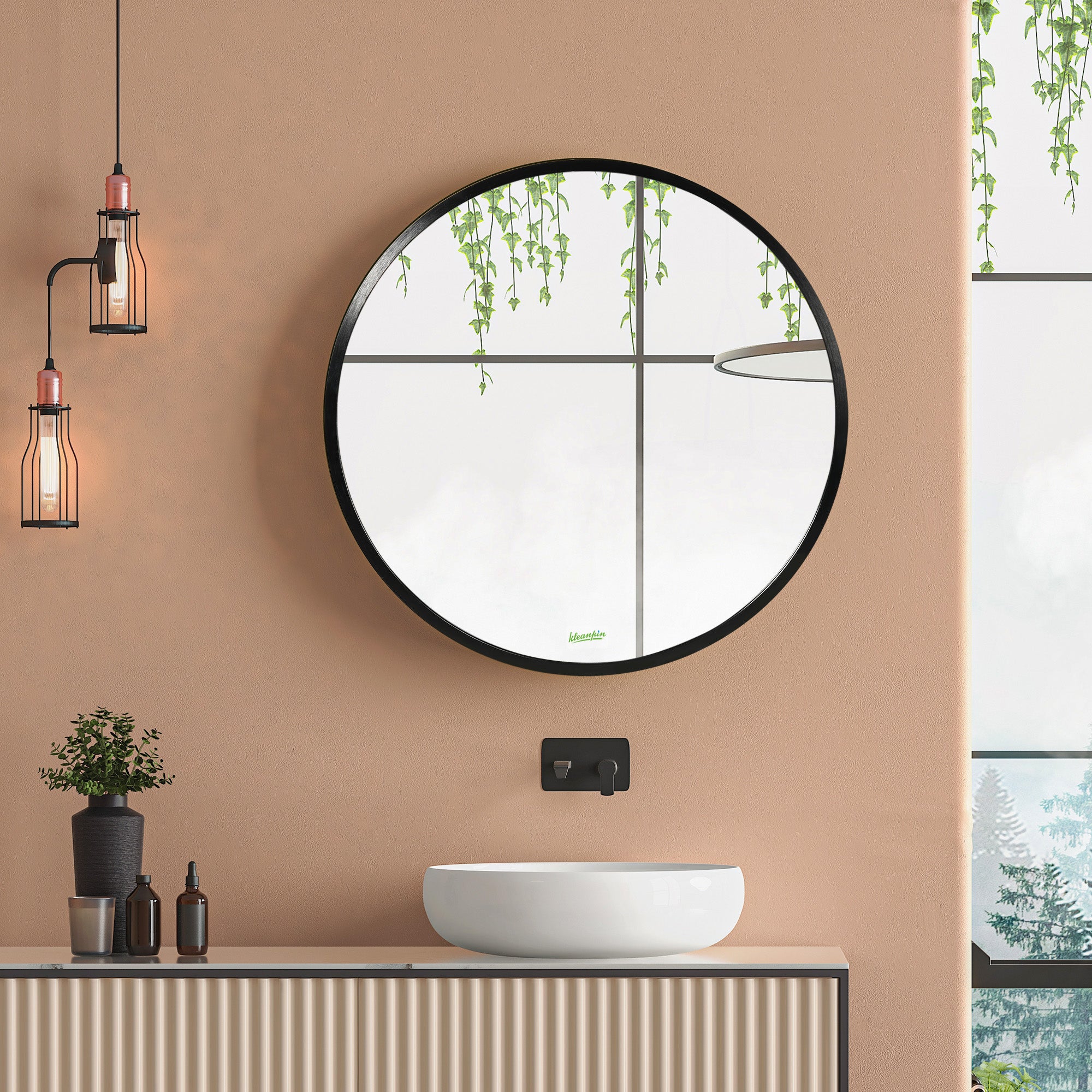 kleankin Round Bathroom Mirror, Modern Wall-mounted Makeup Mirror with Aluminium Frame for Washroom Living Room, Black, 40x40 cm - North Peak Garden Furniture