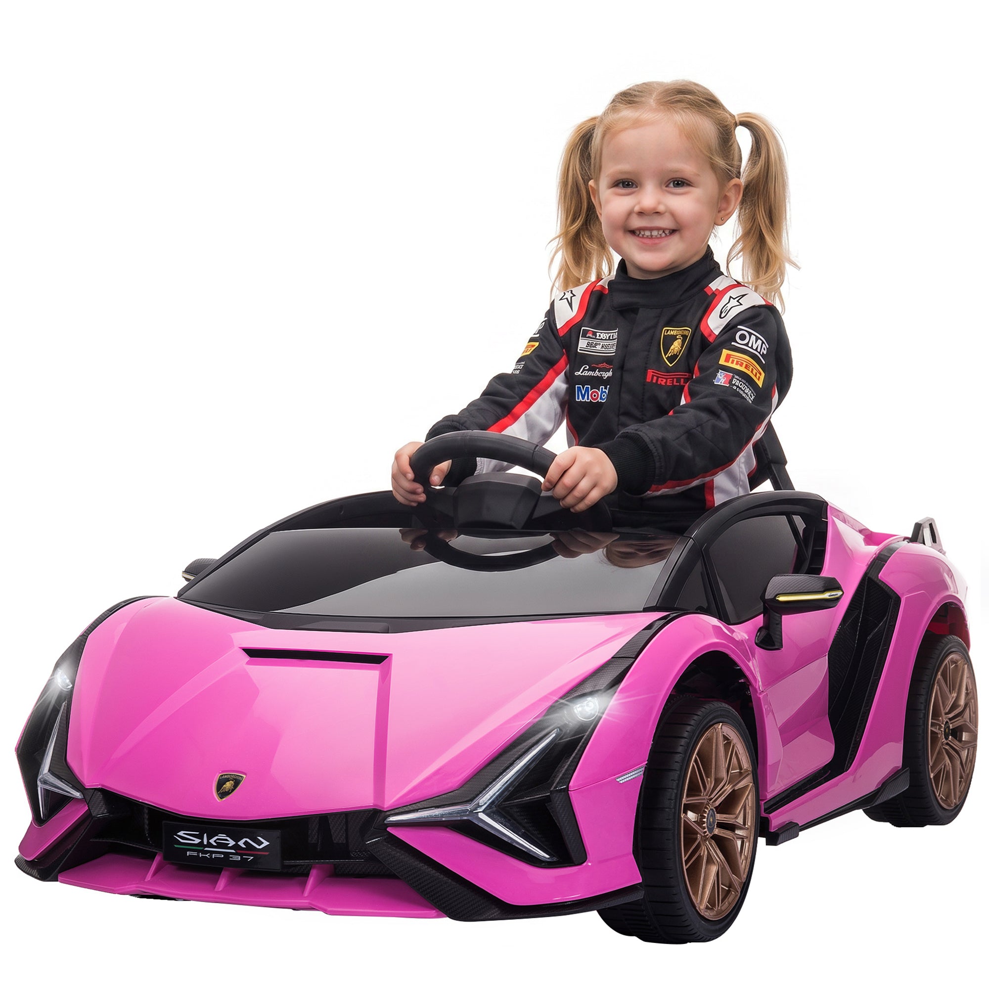 HOMCOM Lamborghini Sian Licensed 12V Kids Electric Ride On Car 2 Motors Toy Car with Remote Control Music Lights MP3 for 3-5 Years Pink
