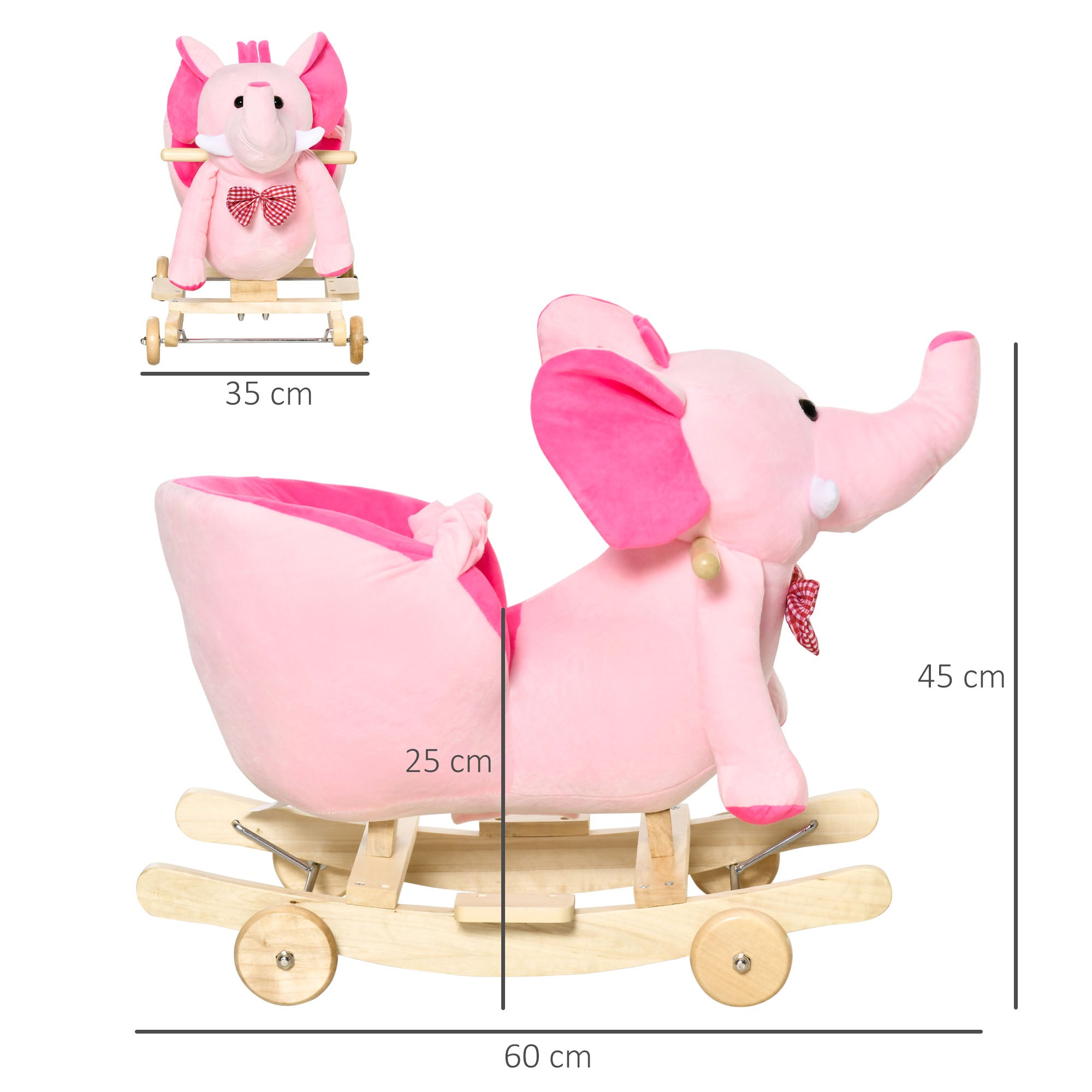 HOMCOM 2 In 1 Plush Baby Ride on Rocking Horse Elephant Rocker with Wheels Wooden Toy for Kids 32 Songs for 18+ Months (Pink) - North Peak Garden Furniture
