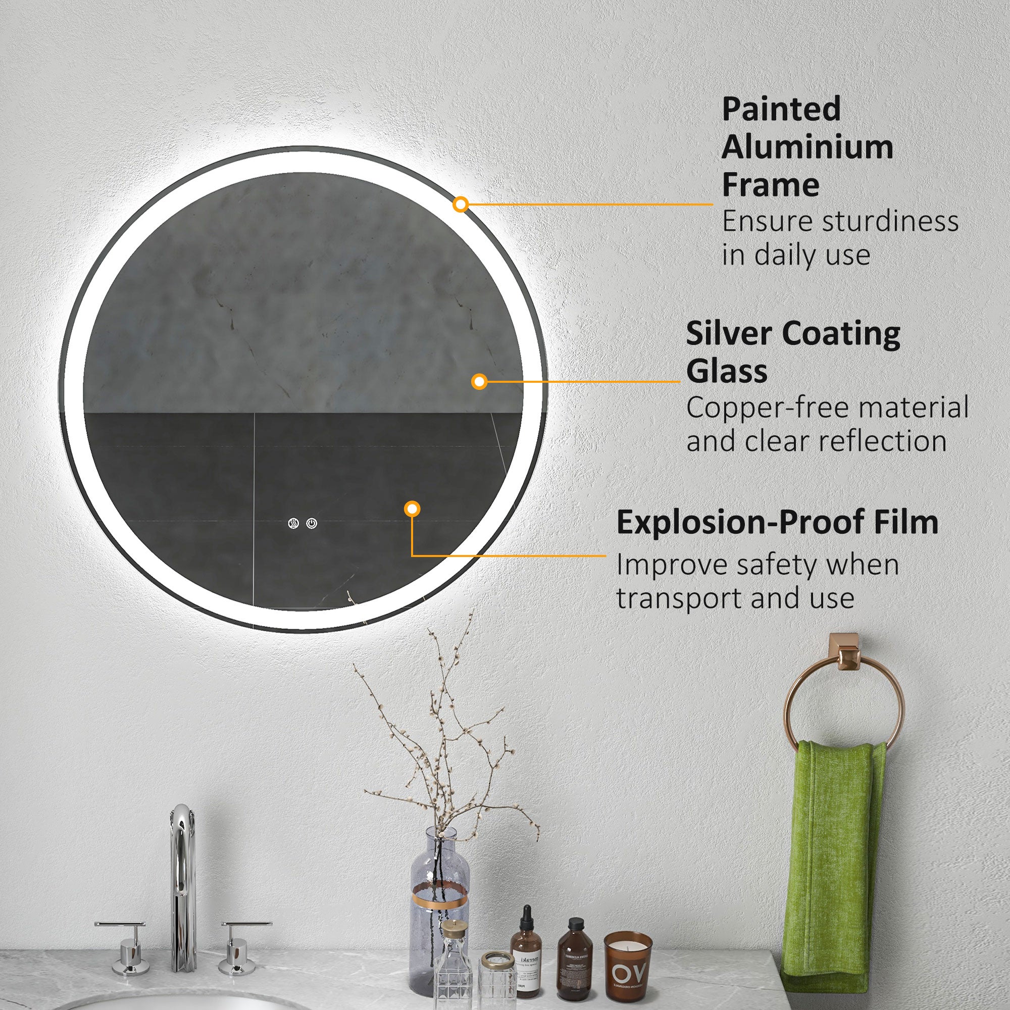 kleankin Round Bathroom Mirror with LED Lights, Wall Mount Dimmable Makeup Mirror with 3 Temperature Colours, Defogging Film and Memory Function, Frameless, Hardwired, 70 x 70 cm