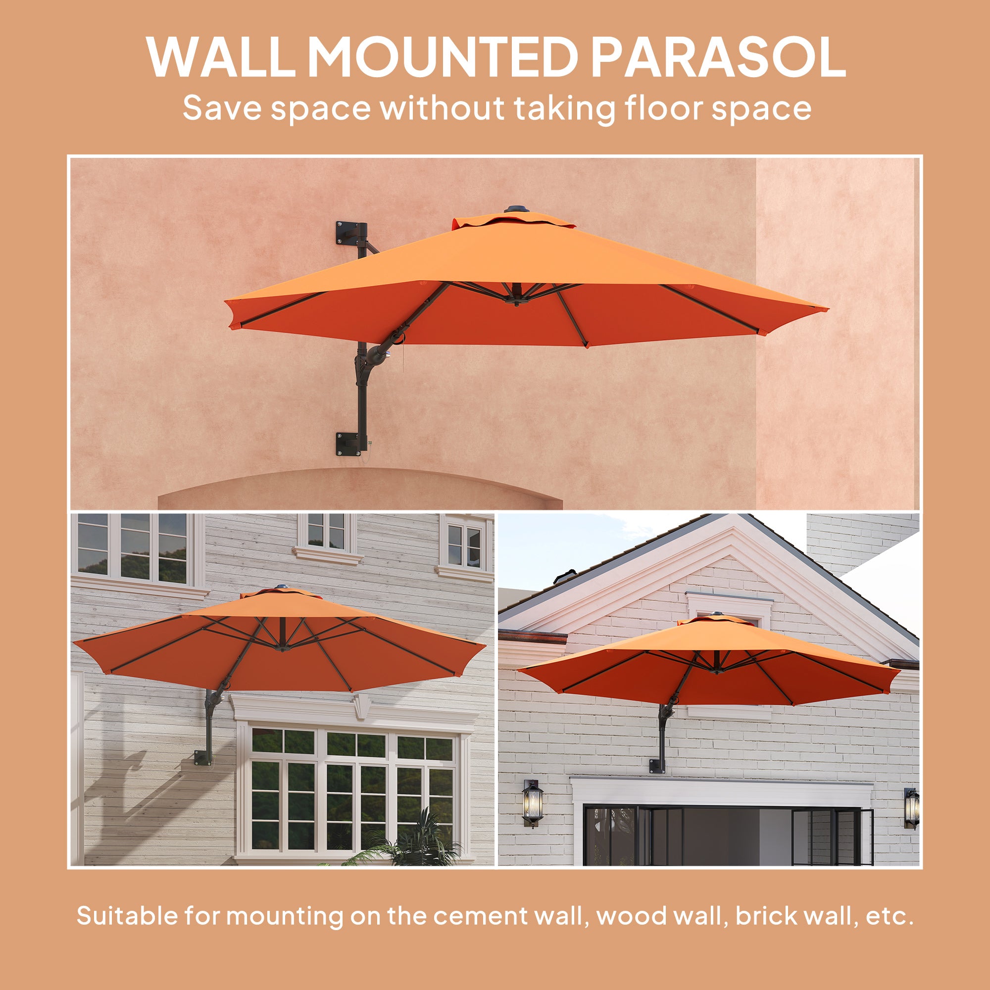 Outsunny 3(m) Wall-Mounted Parasol Shade, with Handle - Orange - North Peak Garden Furniture