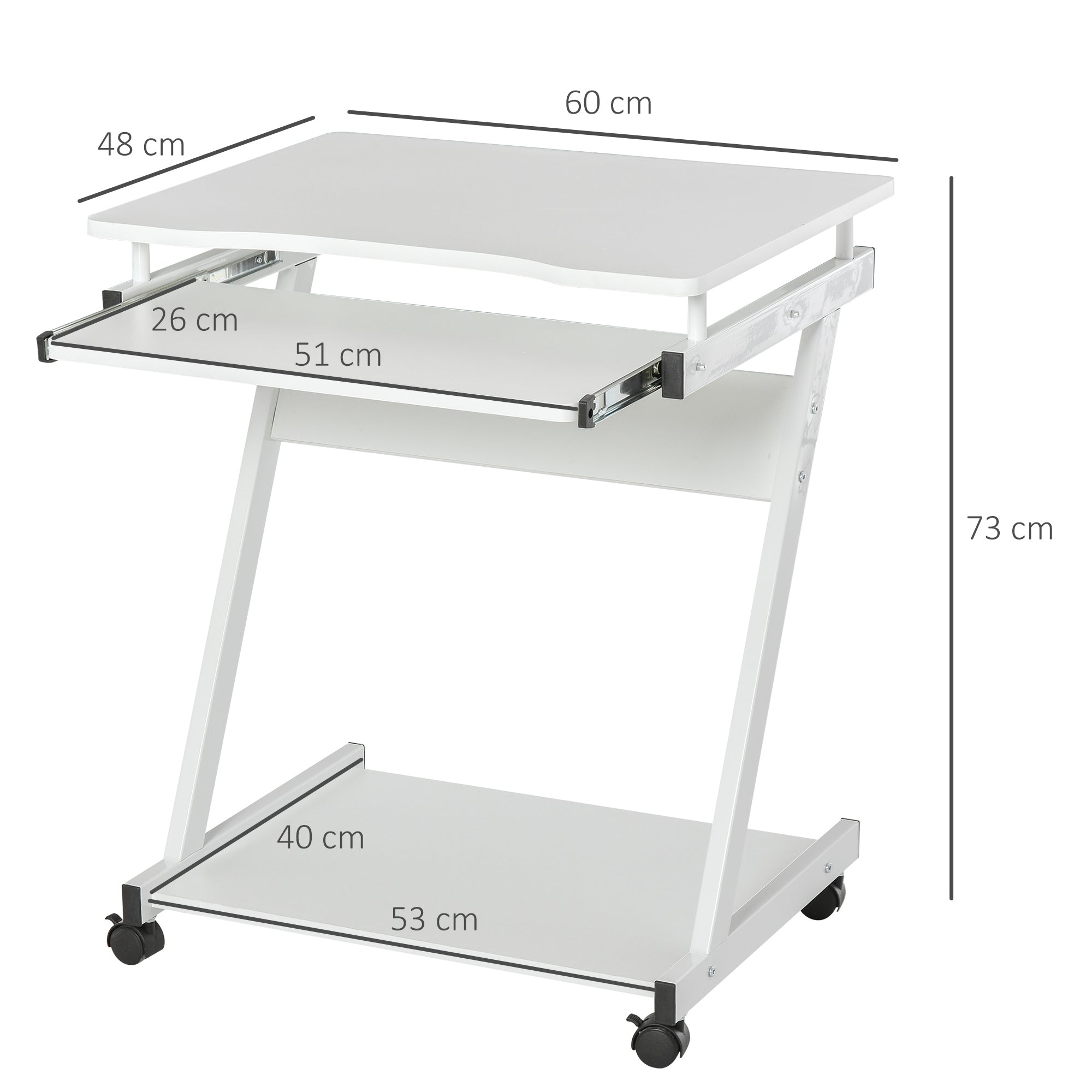 HOMCOM Movable Computer Desk with 4 Moving Wheels Sliding Keyboard Tray Home Office Workstation White