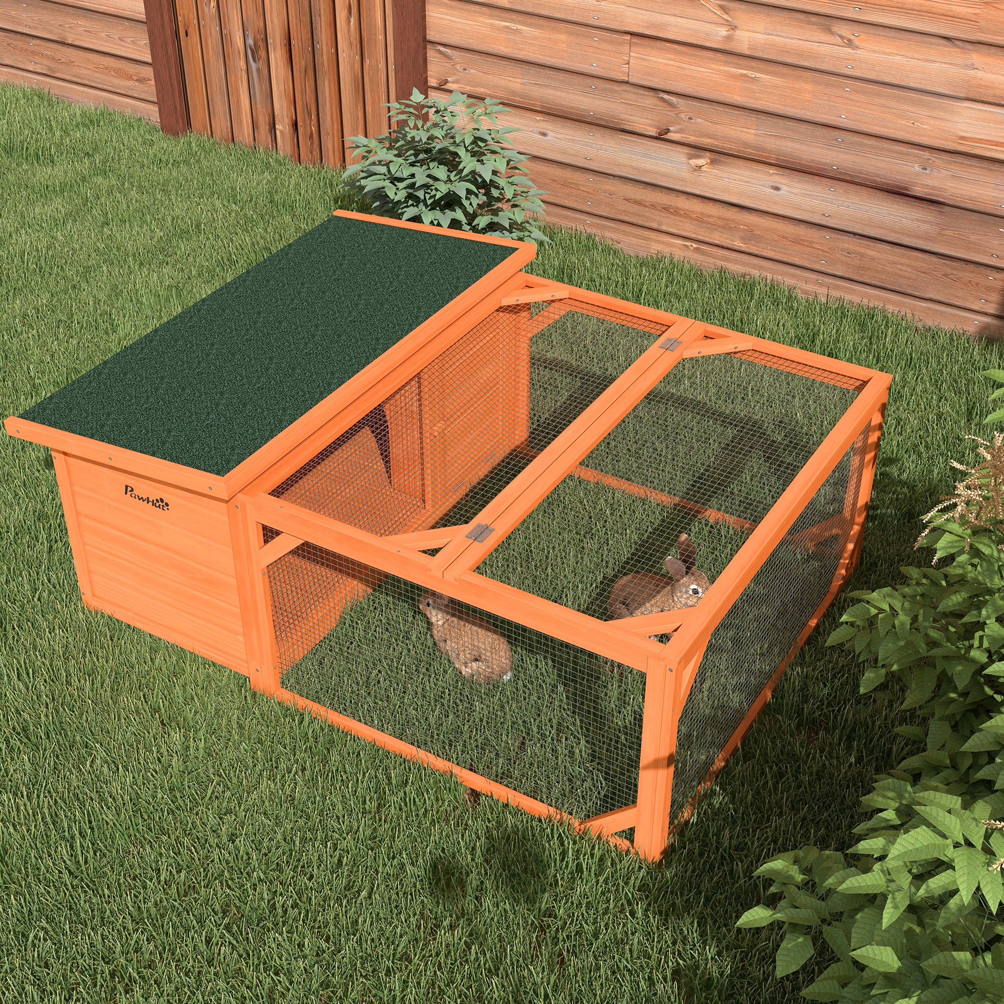 PawHut Rabbit Hutch Outdoor Guinea Pig Hutch with Run Small Animal Off-ground Duck House Hideaway Backyard with Openable Roof 125.5 x 100 x 49cm Orange - North Peak Garden Furniture