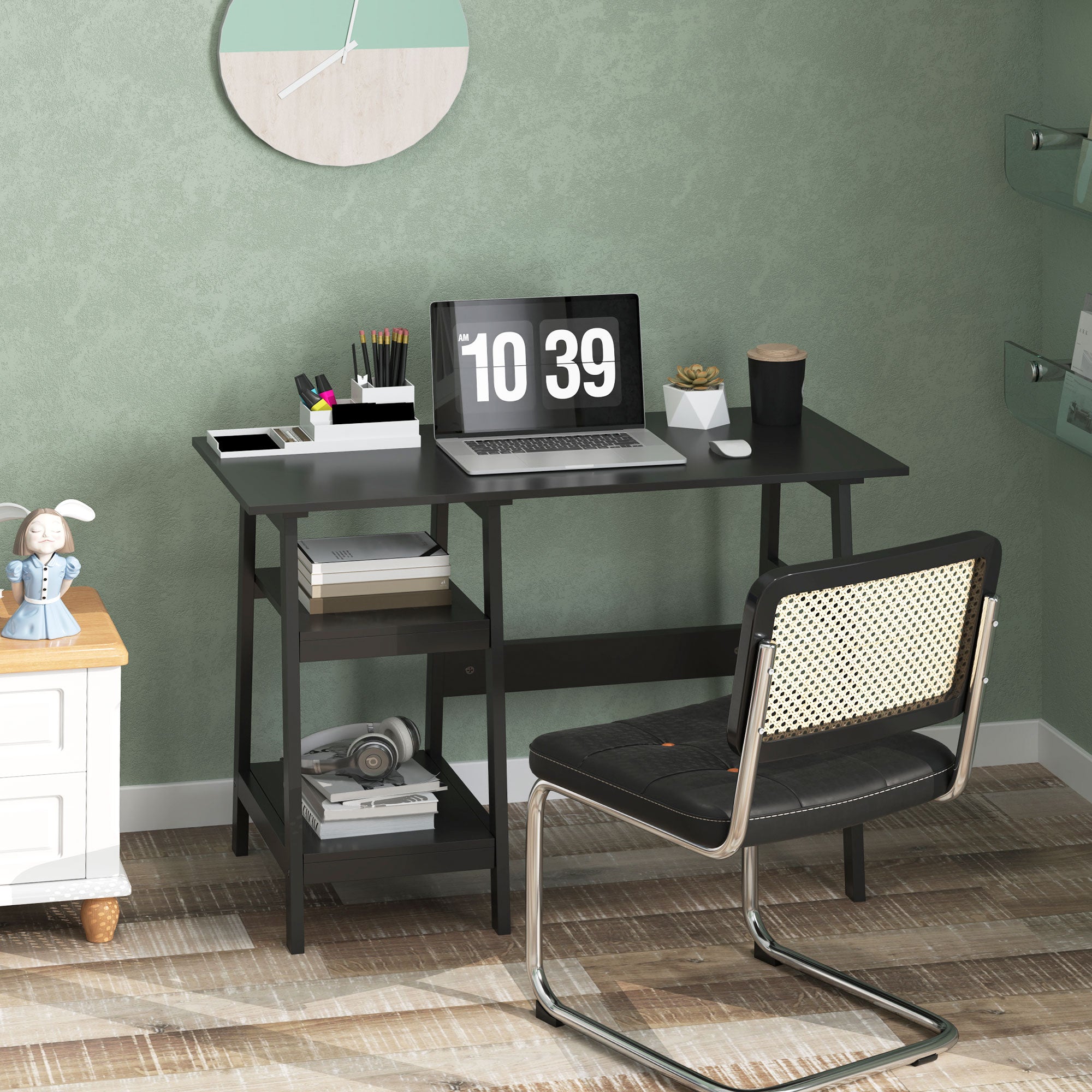 HOMCOM Compact Computer Desk with Storage Shelves, Study Table with Bookshelf, PC Table Workstation for Home Office, Study, Easy Assembly, 106 x 51cm, Black - North Peak Garden Furniture