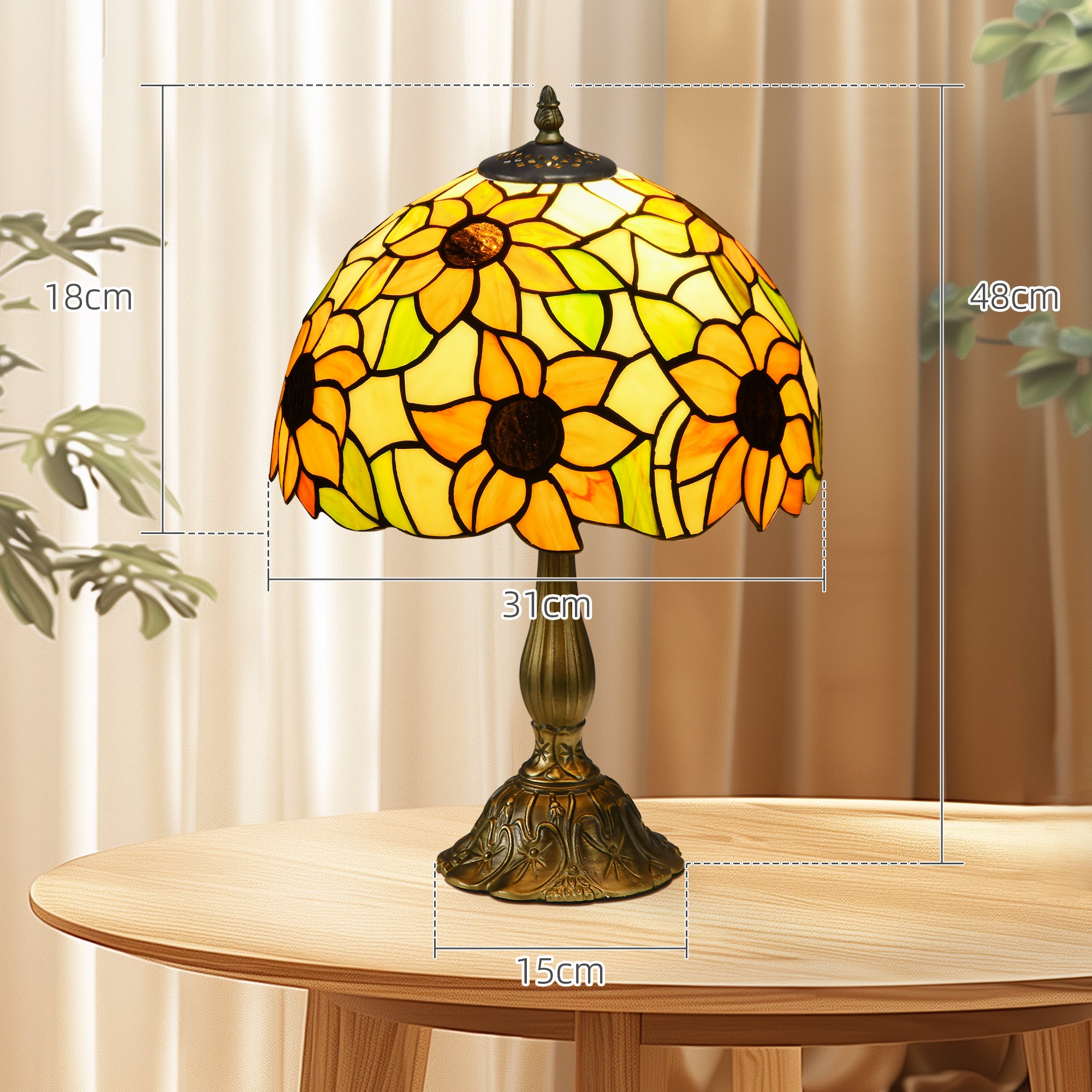 HOMCOM Stained Glass Table Lamp, Handmade Antique Bedside Lamp for Bedroom, Living room, Home, Nightstand, Decorative Night Light, Orange Sunflower - North Peak Garden Furniture