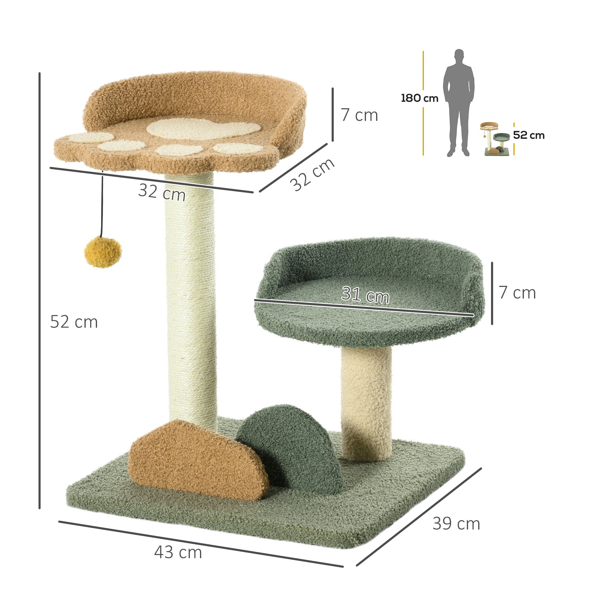 PawHut 52cm Small Cat Tree for Indoor Cats, Scratching Posts with Two Beds, Toy Ball - North Peak Garden Furniture