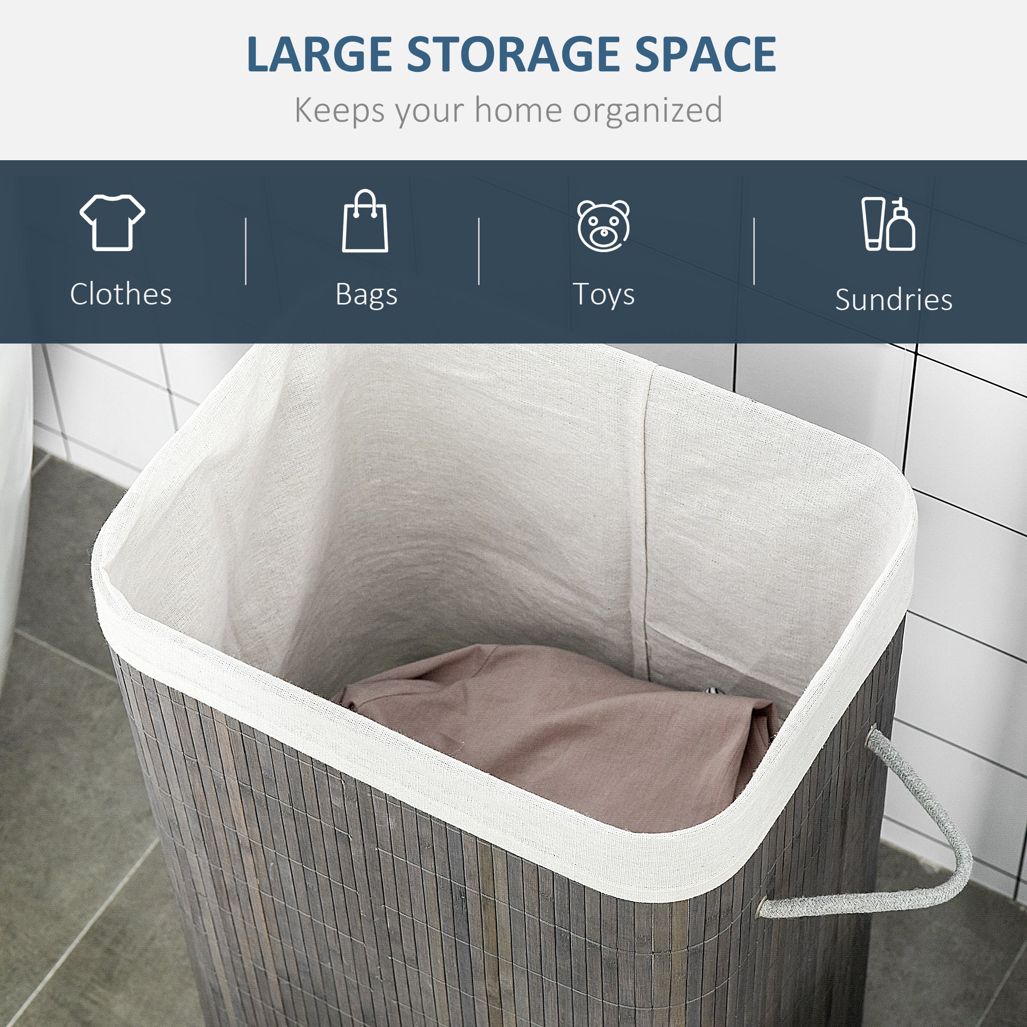 HOMCOM Laundry Basket with Flip Lid and String Handles, Collapsible Hamper Removable Lining Board Base Foldable Water-Resistant Dirty Clothes Storage, Grey - North Peak Garden Furniture