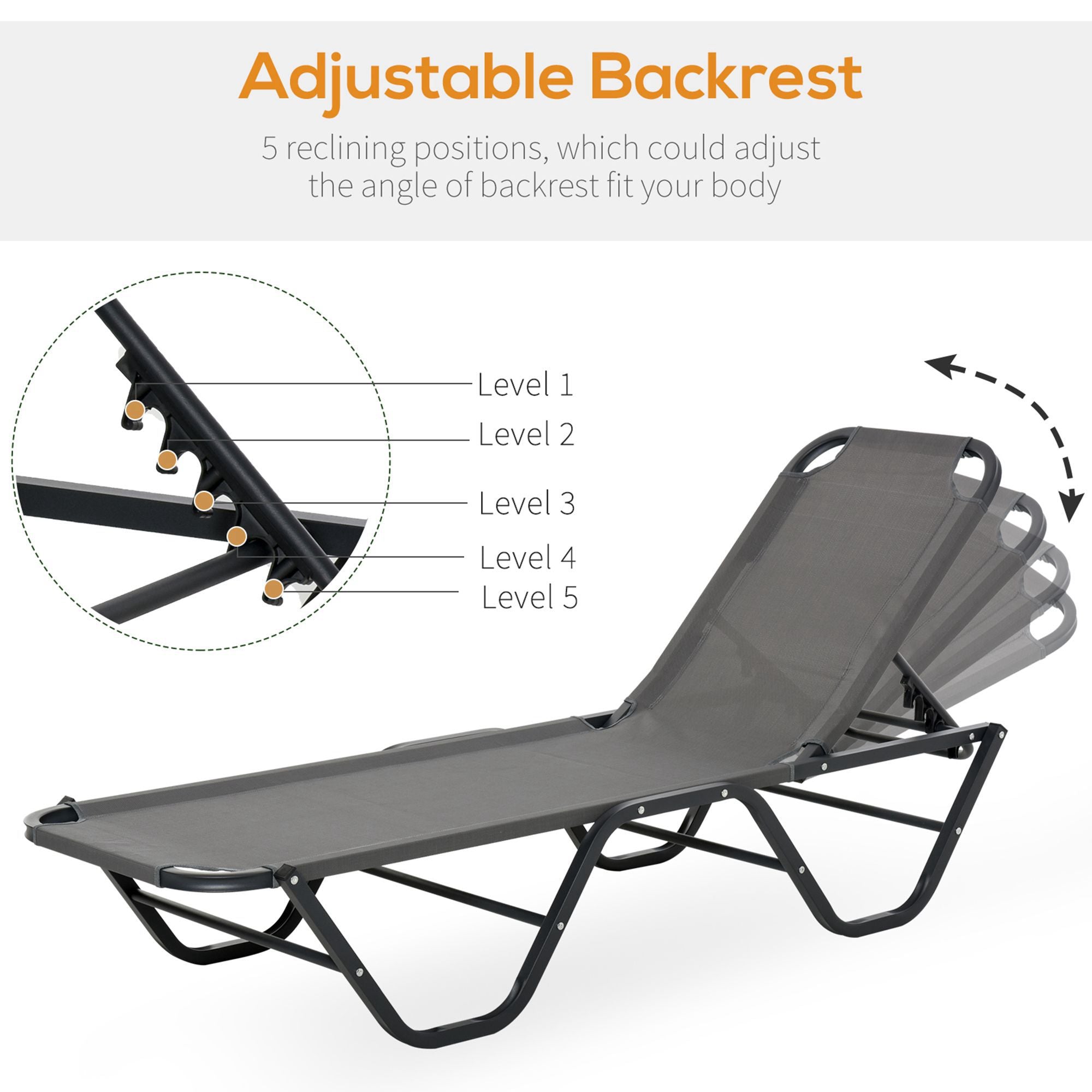 Outsunny Sun Lounger Relaxed Recliner with 5-Position Adjustable Backrest Aluminium Frame for Pool, Sun Bathing, Grey - North Peak Garden Furniture