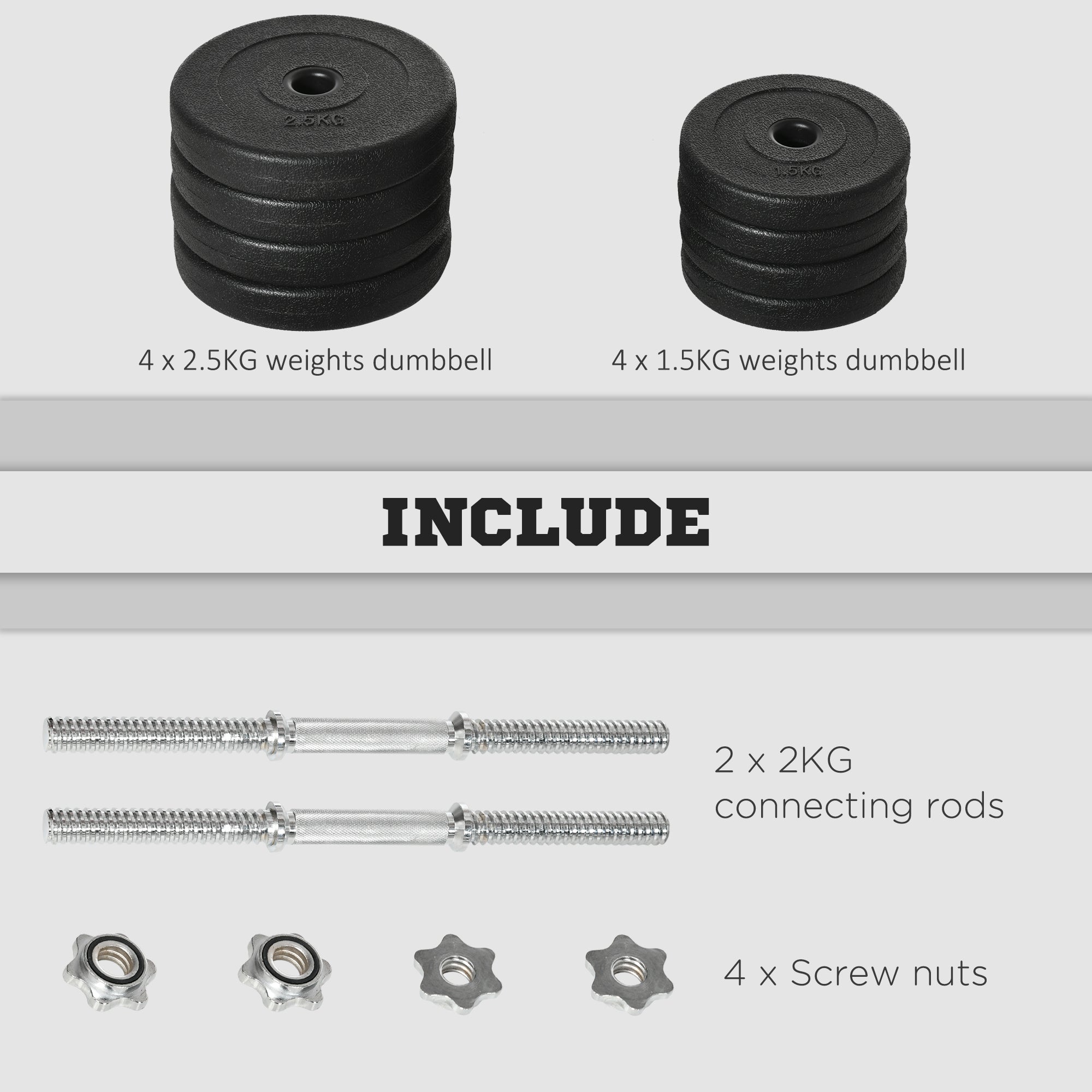 HOMCOM 20KG Adjustable Weights Dumbbells Set, Dumbbell Hand Weights for Home Office Gym Body Fitness Lifting Training, Black - North Peak Garden Furniture