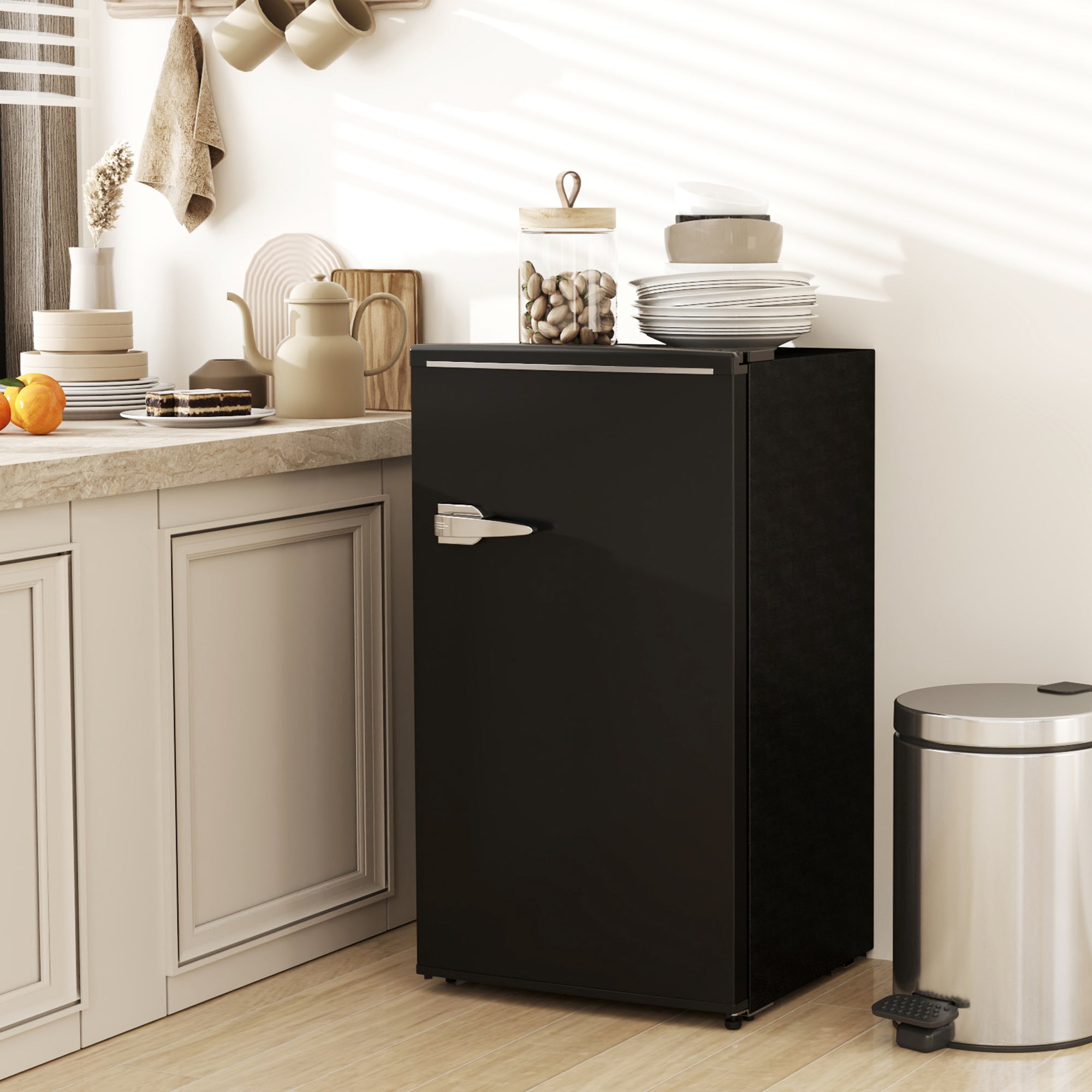 HOMCOM Under Counter Fridge, 85L Small Retro Refrigerator with Chiller Box, Adjustable Thermostat, Glass Shelves, Black - North Peak Garden Furniture