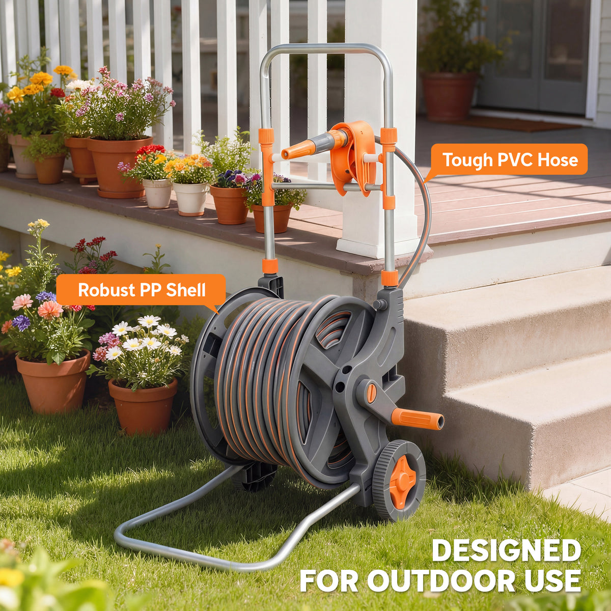 Outsunny Hose Reel Cart with Wheels, 45+2m Garden Hose Reel with 2 Patterns Nozzle, Faucet Adaptors and Rewind Handle, Orange