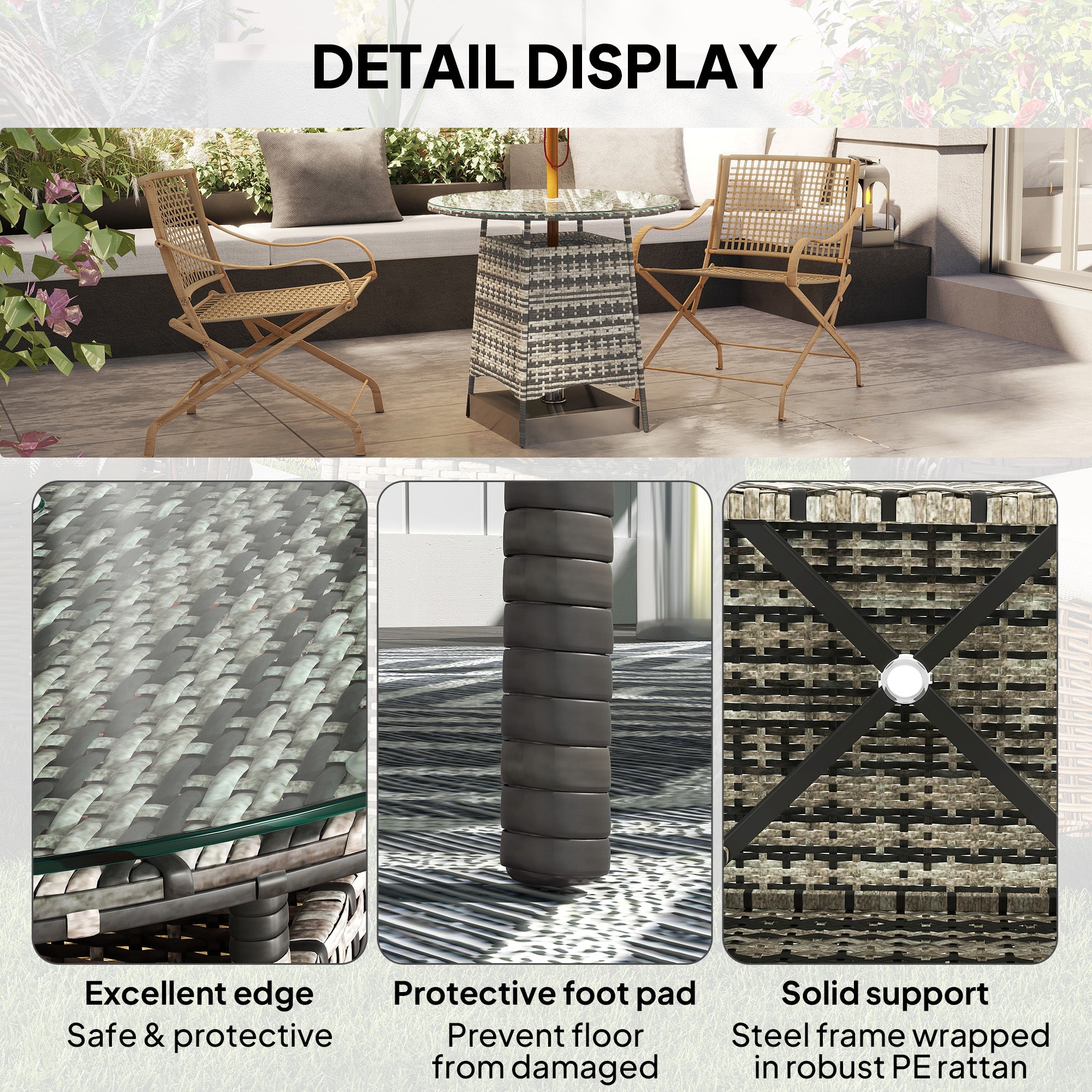Outsunny Wicker Garden Rattan Table, Patio Furniture Outdoor Coffee Table with Umbrella Hole and Tempered Glass Top, Grey - North Peak Garden Furniture
