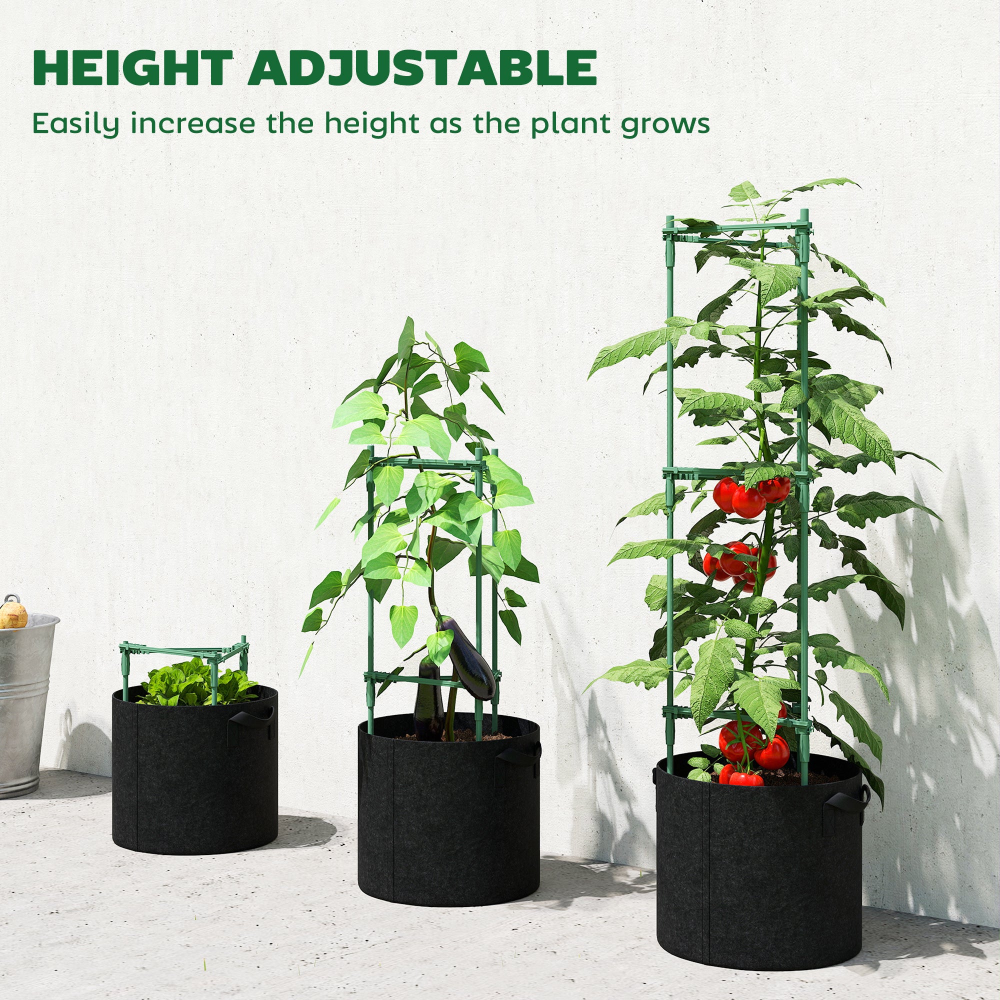 Outsunny 3 Packs Tomato Cages with 83.7L Grow Bags, 47.2" Adjutstable Triangle Plant Stakes Support Trellis with Planter Bags