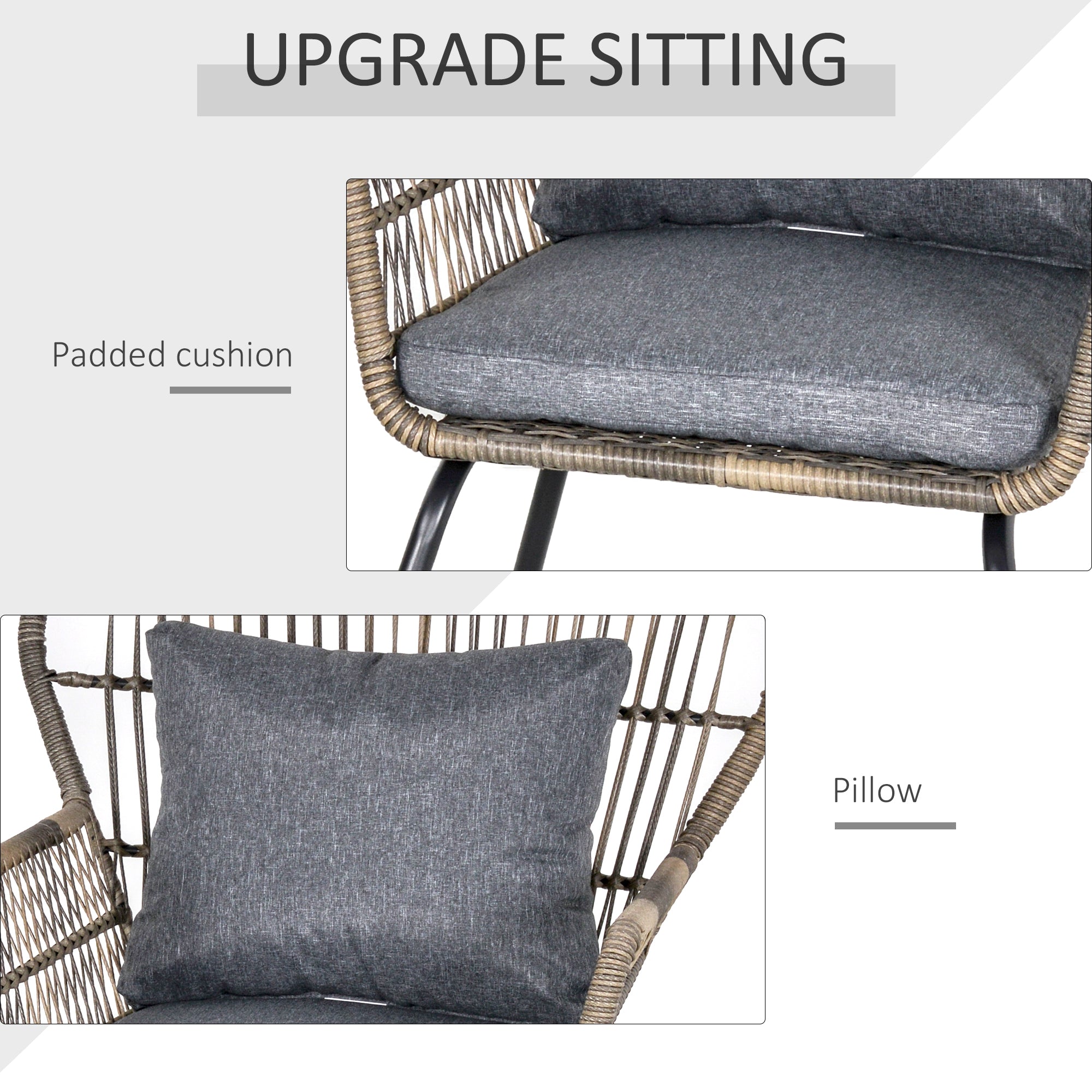 Outsunny 3 Pieces Rattan Bistro Set, Wicker Garden Furniture Set with Cushions, Glass Top Coffee Table and Chairs for Outdoor, Patio, Balcony, Grey - North Peak Garden Furniture