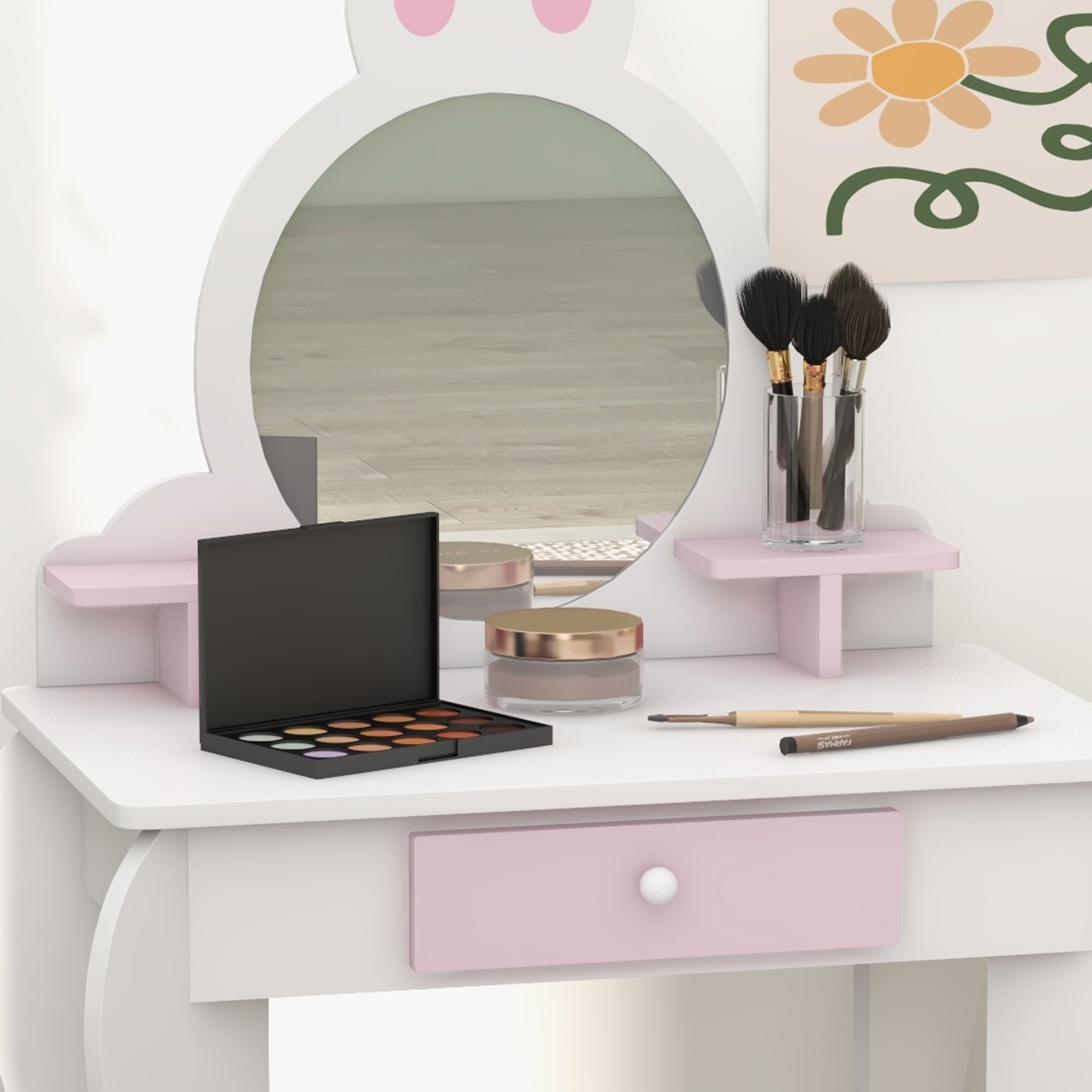 ZONEKIZ Bunny-Design Kids Dressing Table, with Mirror and Stool - White and Pink - North Peak Garden Furniture