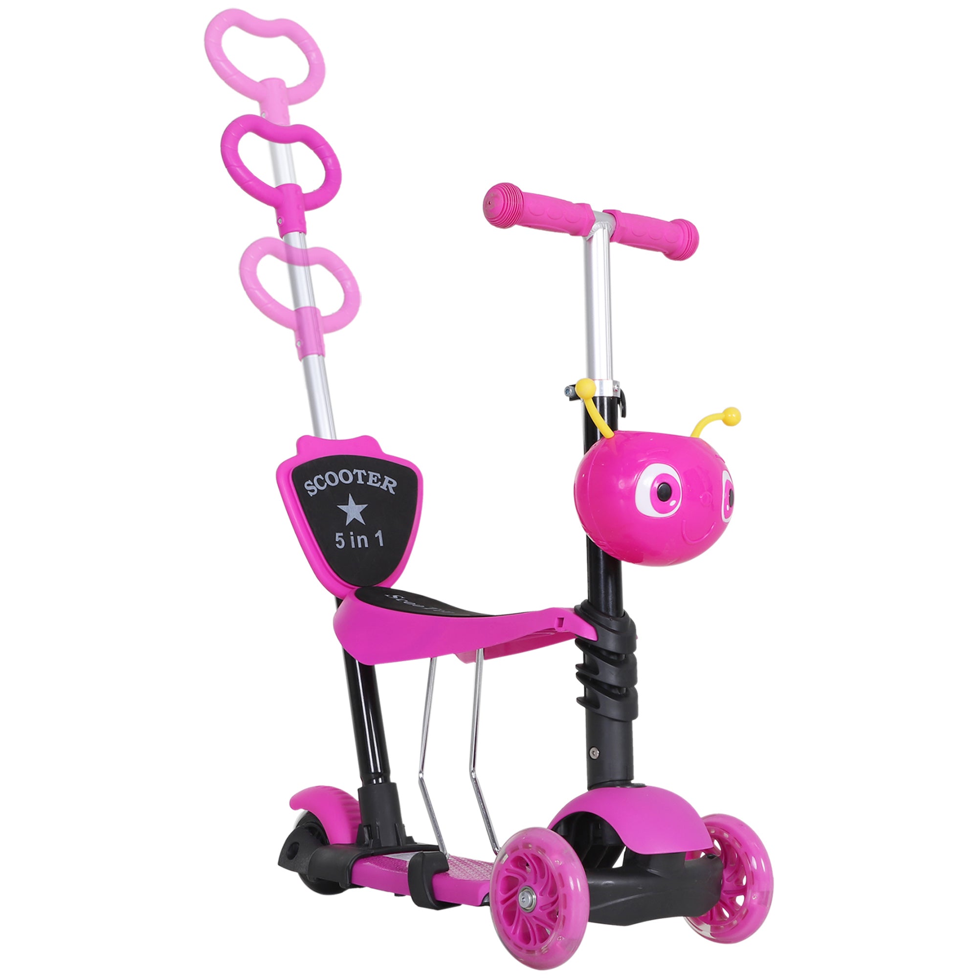 HOMCOM 5-in-1 Kids Toddler 3 Wheels Mini Kick Scooter Push Walker with Removable Seat & Back Rest for Girls and Boys Pink - North Peak Garden Furniture
