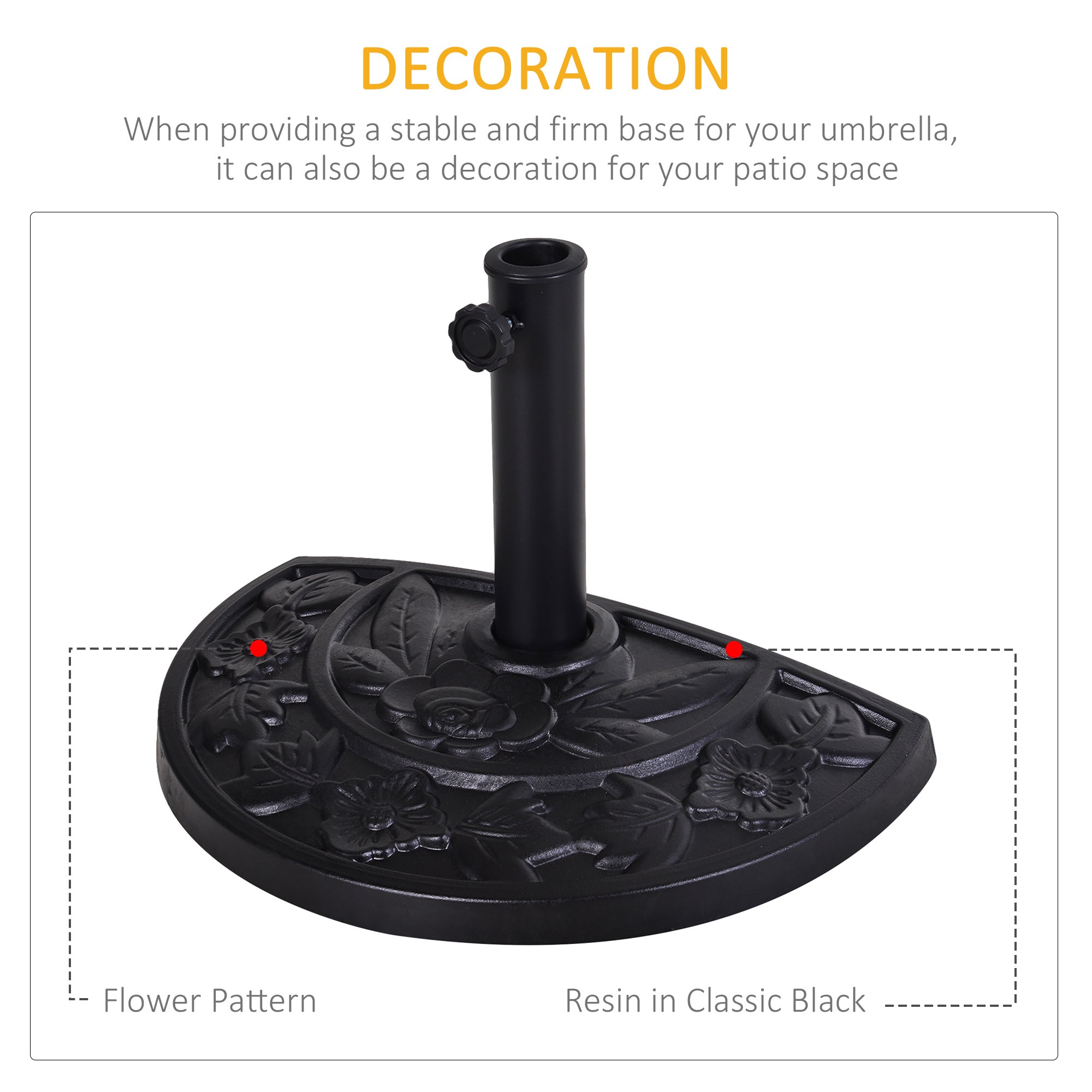 Outsunny 9kg Resin Parasol Base, Half Round Umbrella Stand with Floral Design for Garden, Outdoor, Suitable Umbrella Rod: Φ3.8cm, Φ4.8cm, Black - North Peak Garden Furniture