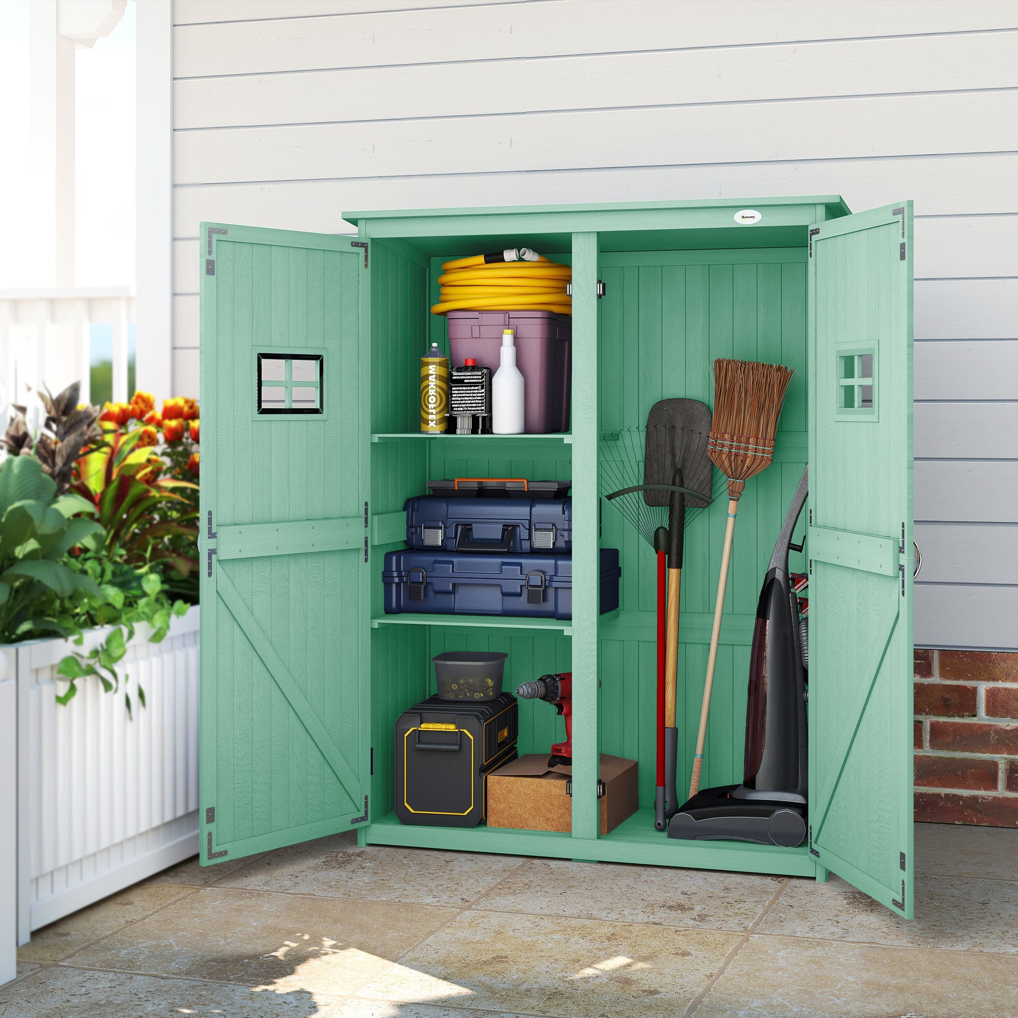 Outsunny Wooden Garden Shed with Two Windows, Tool Storage Cabinet, Outdoor Double Door organiser 127.5L x 50W x 164H cm, Green