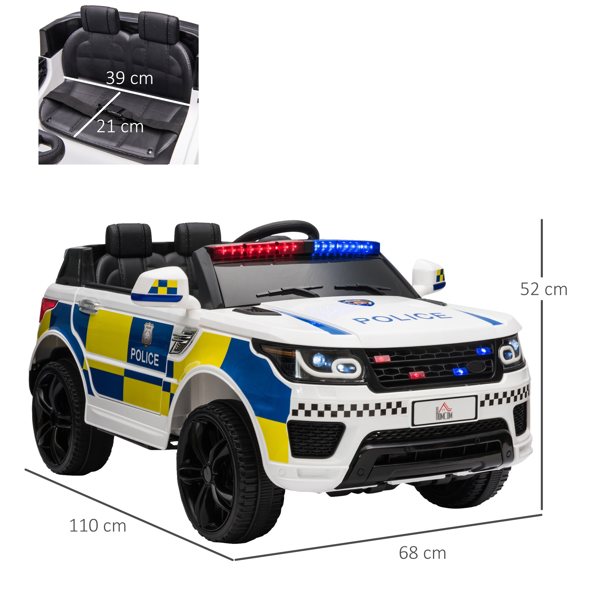 HOMCOM 12V Kids Electric Ride On Police Car 2 Motors with Parental Remote Control Siren Flashing Lights USB Portable for 3-6 Years White - North Peak Garden Furniture