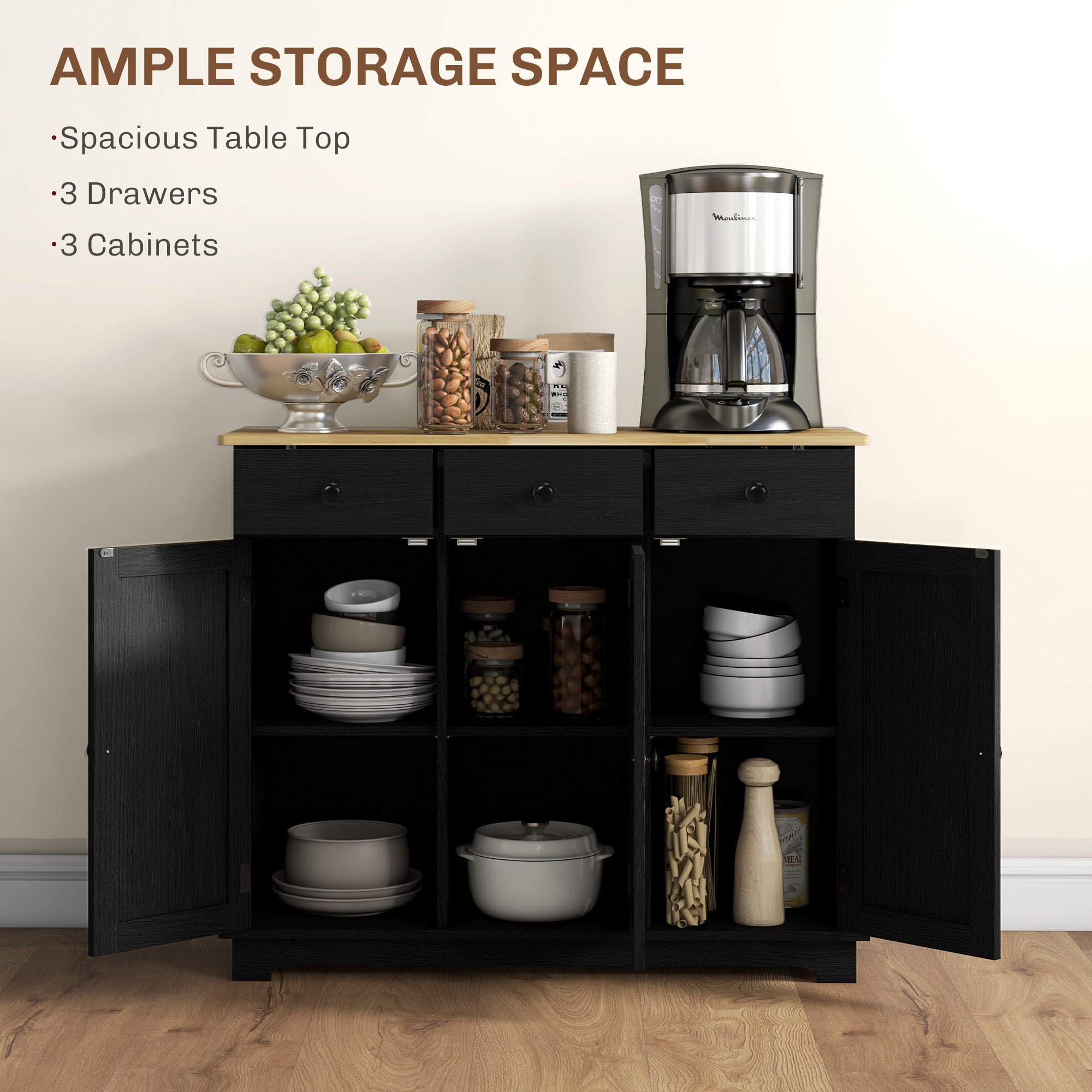 HOMCOM Sideboard with Rubberwood Top and Adjustable Shelves for Dining Room, Kitchen - Black Wood-Effect - North Peak Garden Furniture