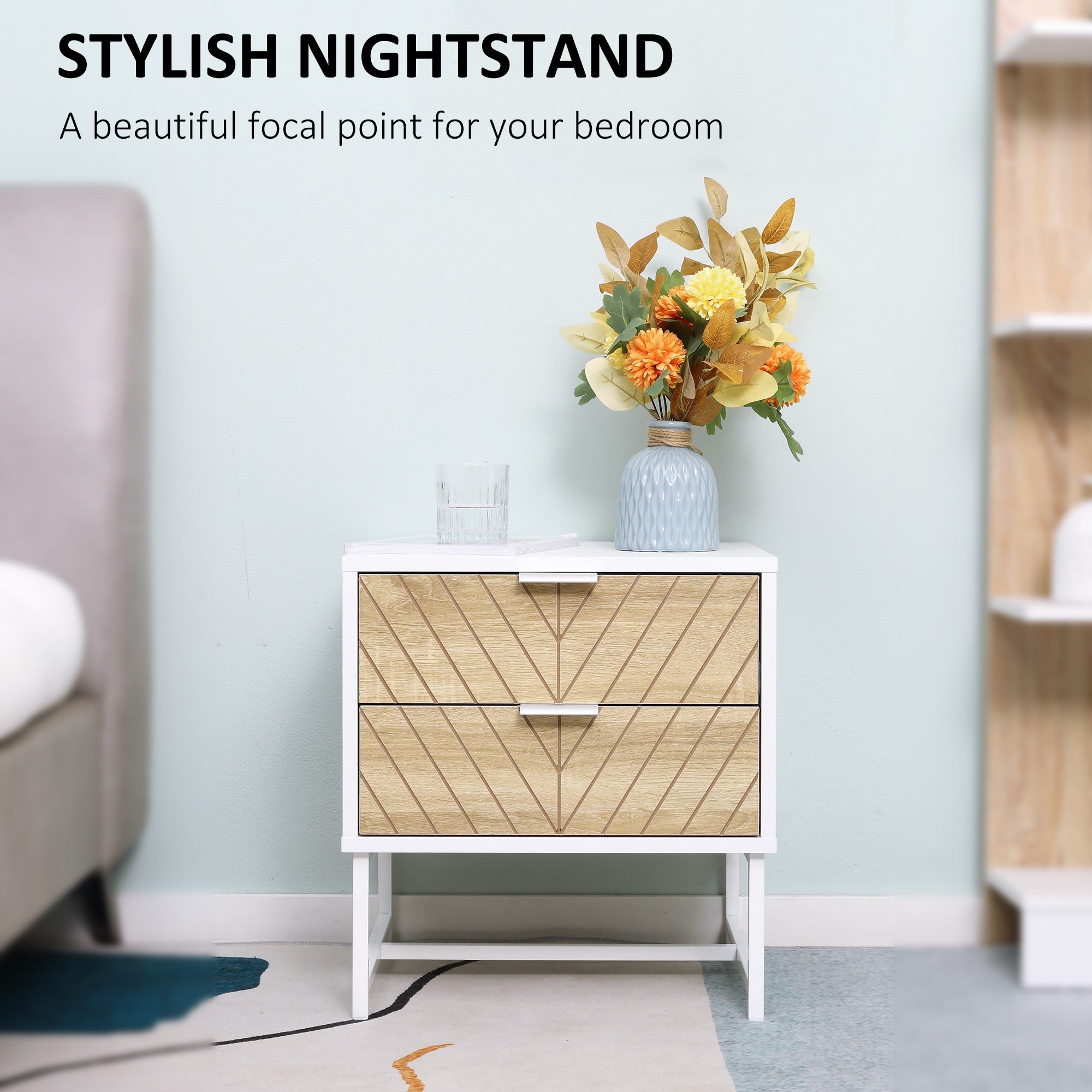 HOMCOM Modern Bedside Table with 2 Drawers and Metal Frame, Sofa Side Table for Bedroom Living Room, Set of 2, White and Oak - North Peak Garden Furniture