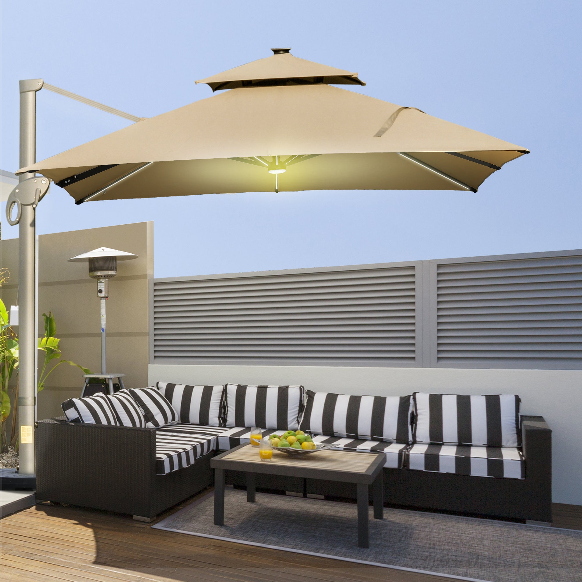 Outsunny 3 x 3(m) Aluminium Sun Square Canopy Top w/ Adjustable Pole Angle Khaki - North Peak Garden Furniture