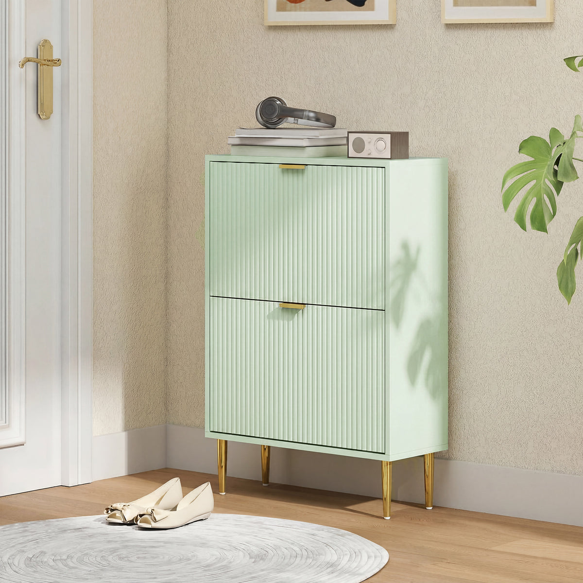 HOMCOM Elegant Two-Drawer Shoe Cabinet - Light Green