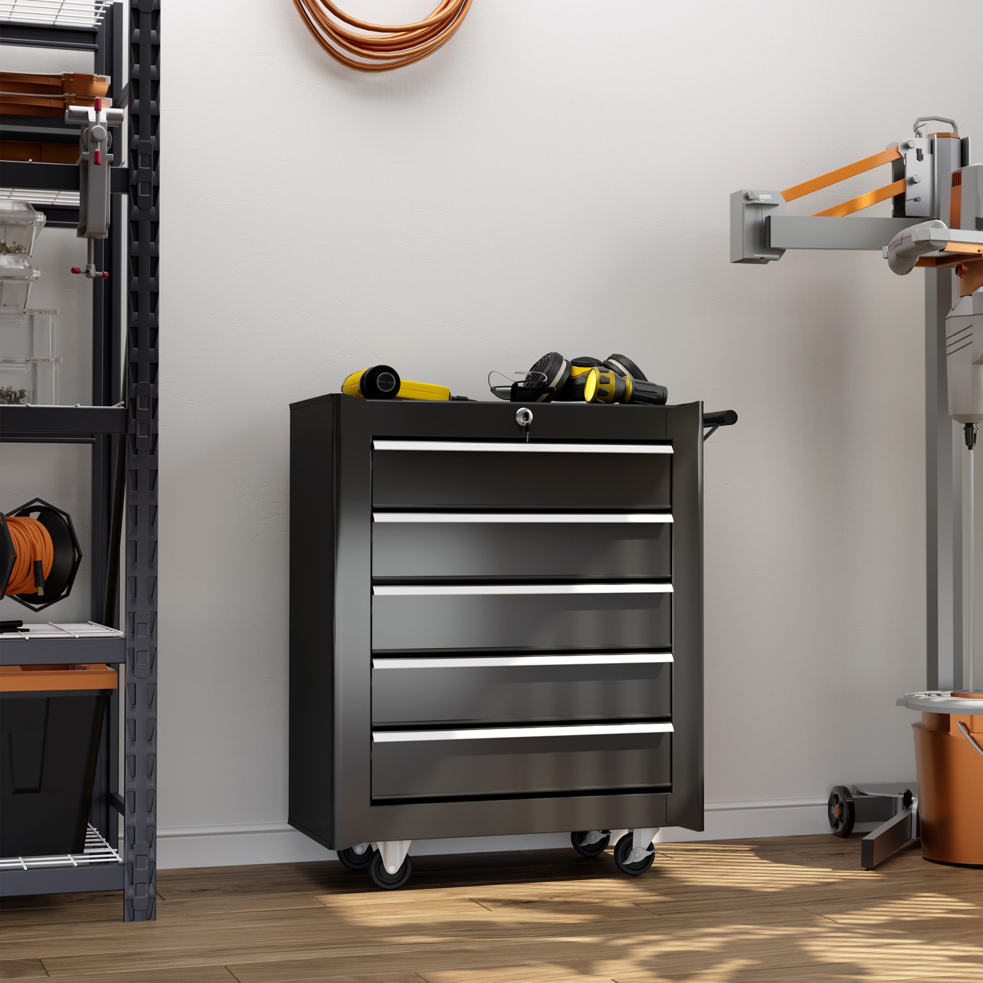 HOMCOM 5-Drawer Tool Chest with Wheels, Steel Lockable Tool Storage Cabinet with Handle, 2 Keys for Garage, Workshop, Black - North Peak Garden Furniture