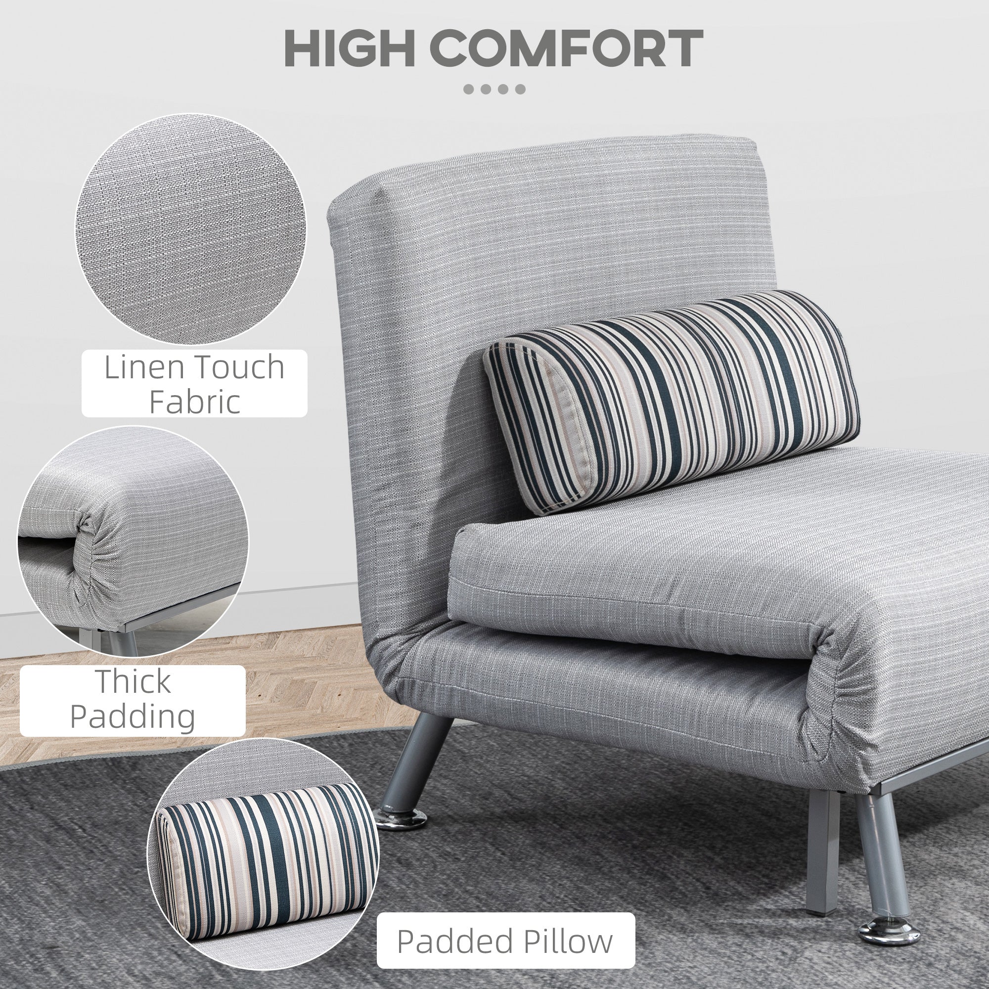 HOMCOM Single Sofa Bed, 1 Person Sleeper Foldable Lounge with Pillow, Grey - North Peak Garden Furniture
