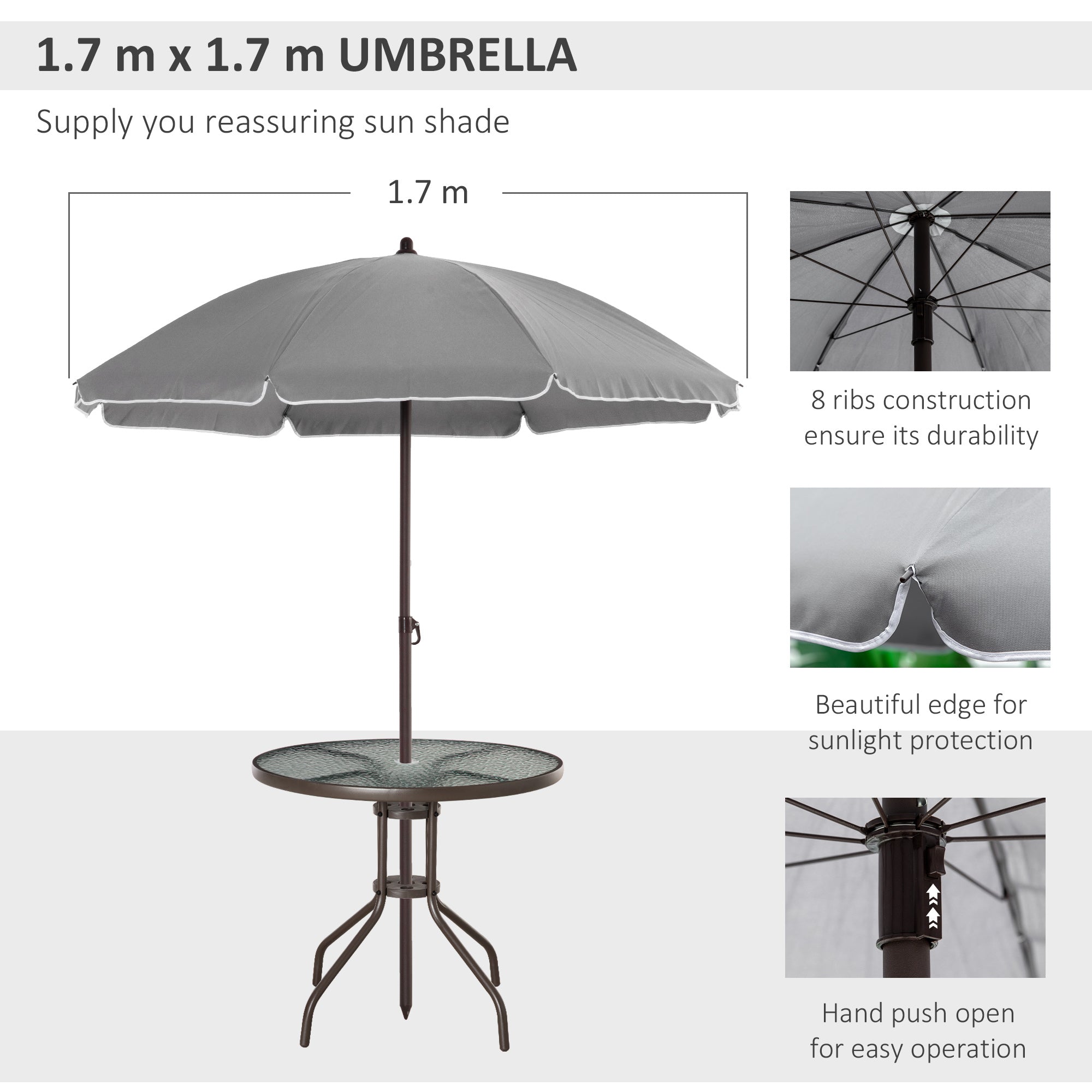Outsunny 6 Piece Garden Dining Set with Umbrella, Patio Sets with Parasol with 4 Folding Dining Chairs & Round Tempered Glass Table, Grey - North Peak Garden Furniture
