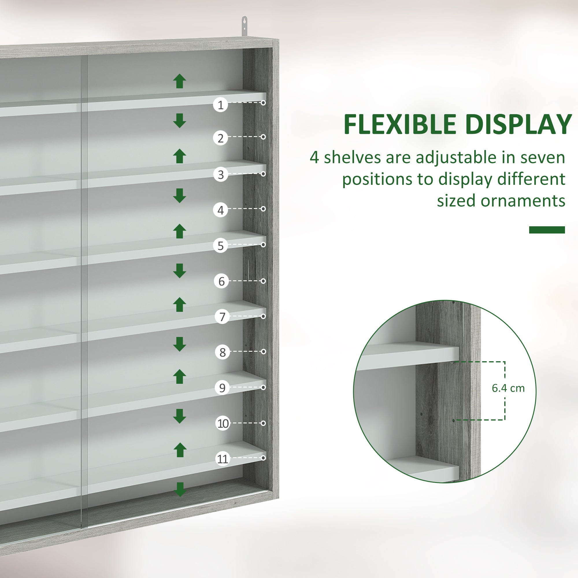 HOMCOM Six Shelf Display Cabinet, with Glass Doors - Graphite Wood Effect - North Peak Garden Furniture