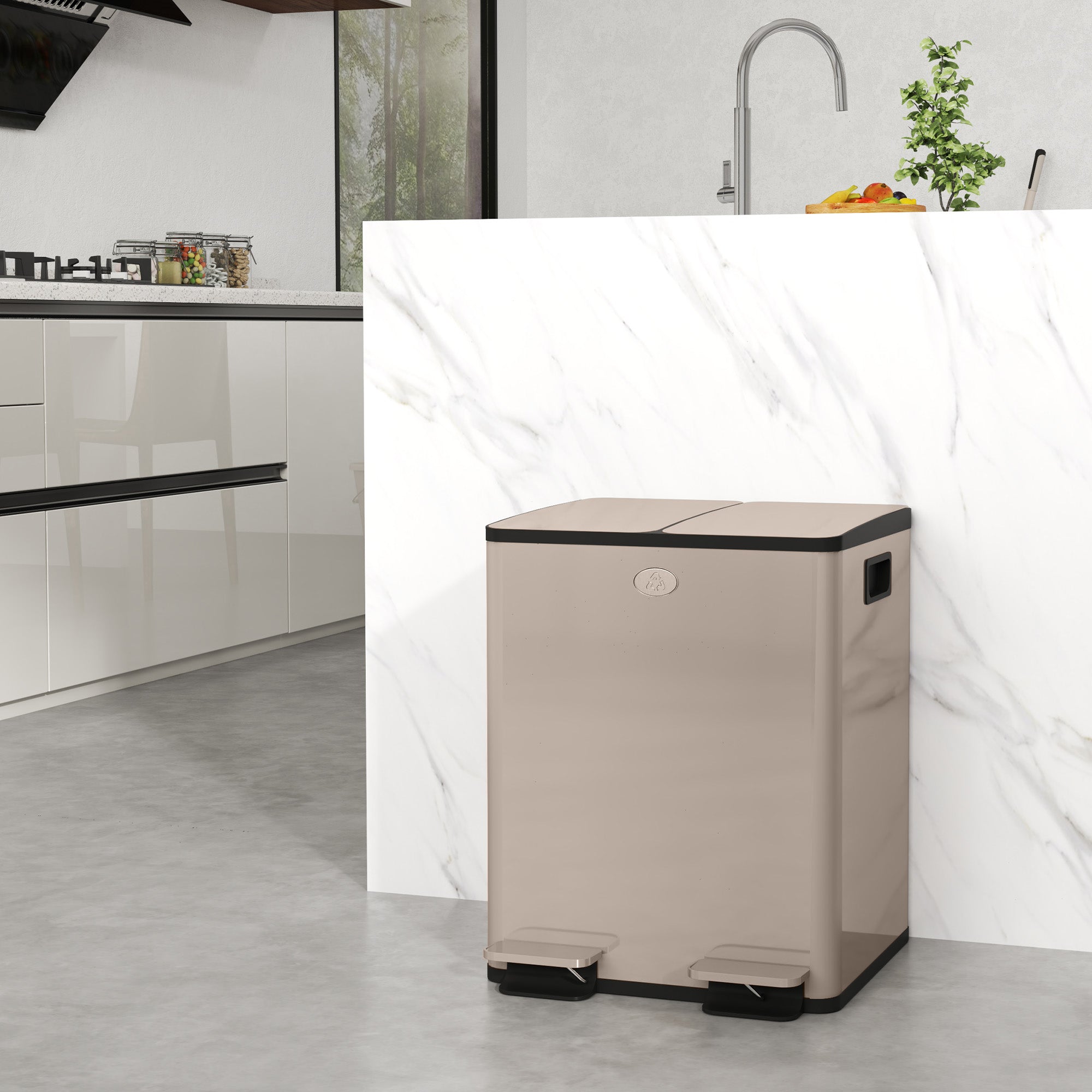 HOMCOM 40L Dual Compartment Stainless Steel Bin, with Deodoriser Holders - Gold Tone - North Peak Garden Furniture