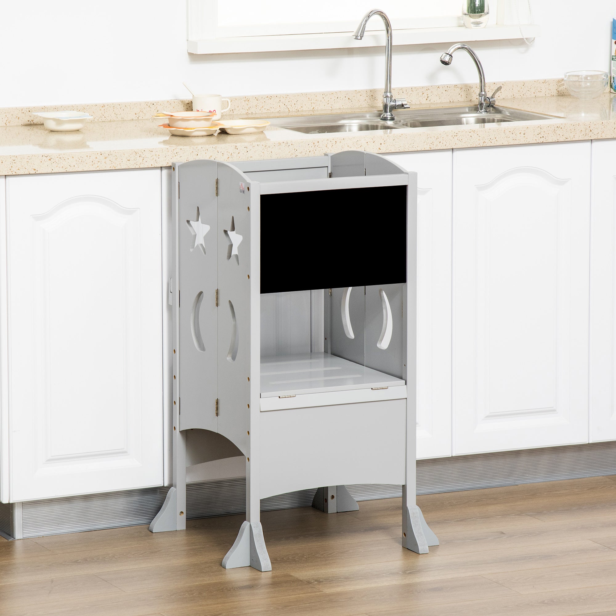 HOMCOM Kids Step Stool Toddler Kitchen Stool with Blackboard Lockable Handrail for Kids Kitchen Counter Grey - North Peak Garden Furniture