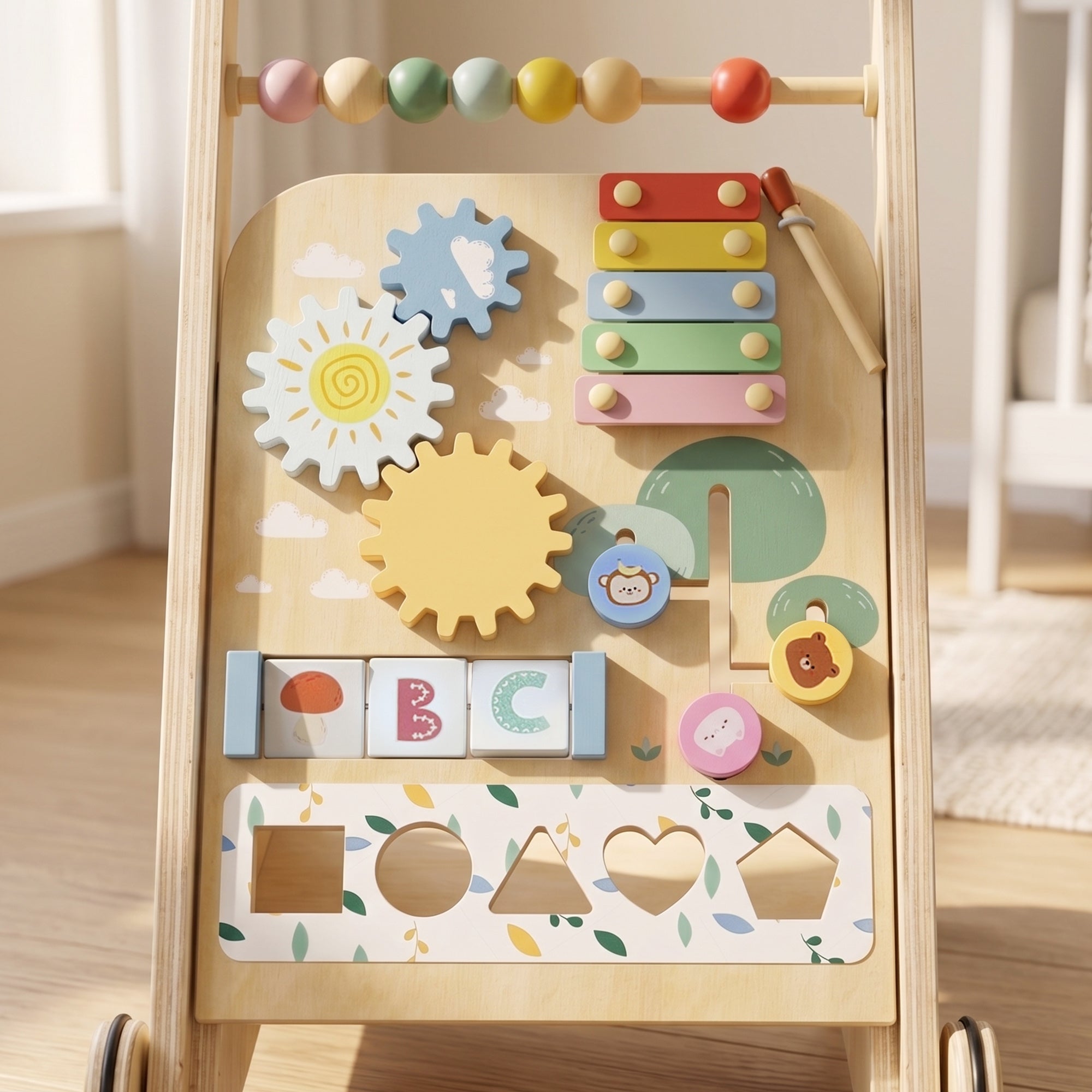 AIYAPLAY Wooden Baby Walker, Toddler Push Along Walker with Speed Control, Activity Centre and 5 Blocks for 18 Months+, Natural