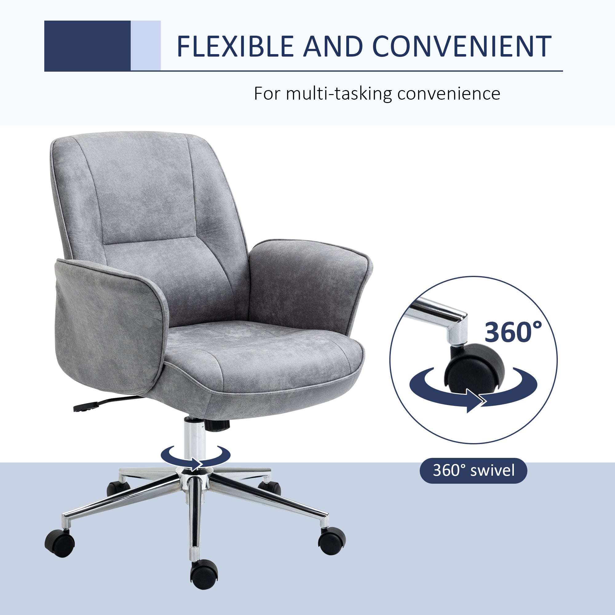 Vinsetto Swivel Computer Office Chair Mid Back Desk Chair for Home Study Bedroom, Light Grey - North Peak Garden Furniture